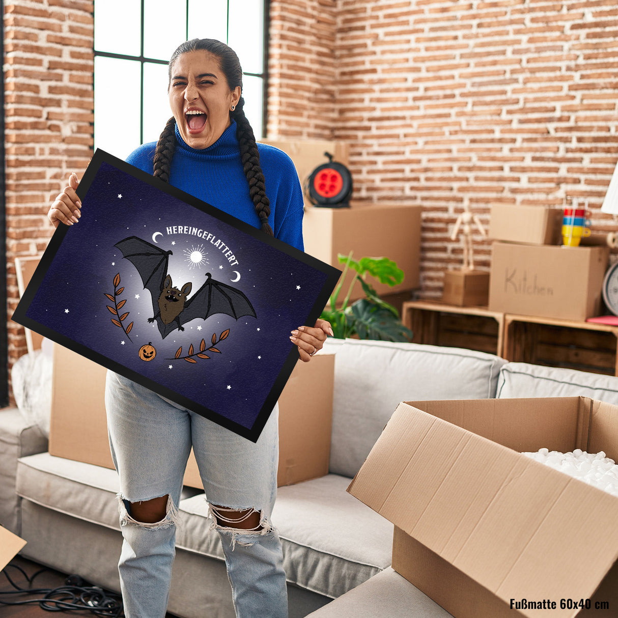 Fußmatte mit niedlichem Fledermaus Motiv und Spruch - Hereingeflattert