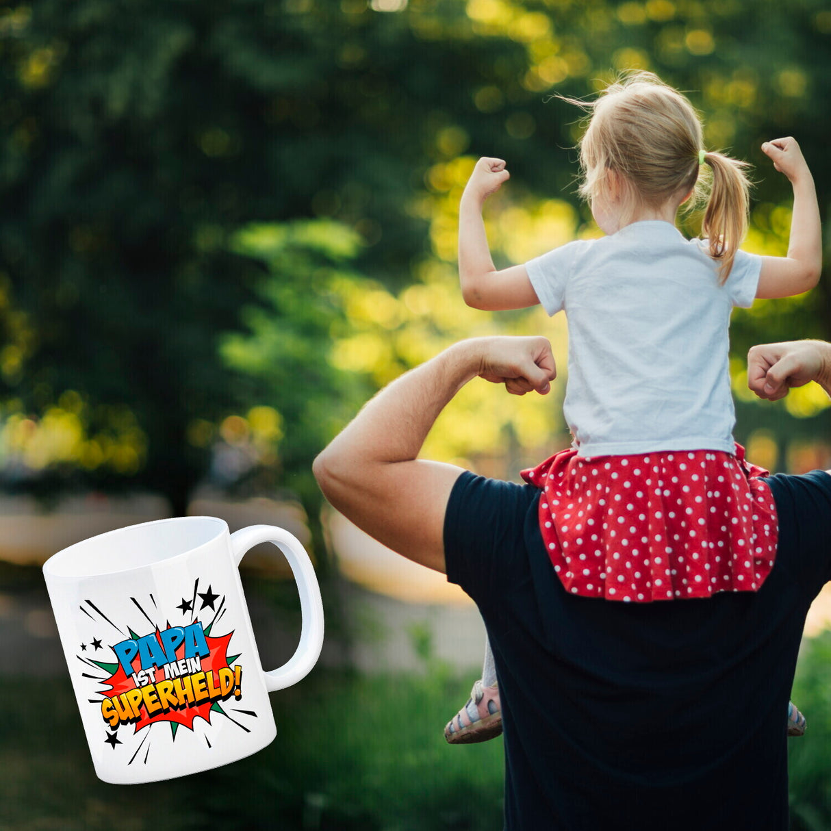 Kaffeetasse mit knalligem Comic Motiv und Spruch - Papa ist mein Superheld