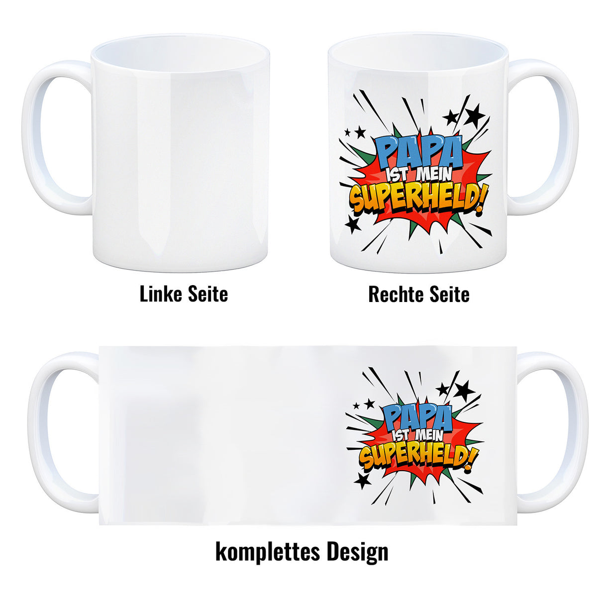 Kaffeetasse mit knalligem Comic Motiv und Spruch - Papa ist mein Superheld