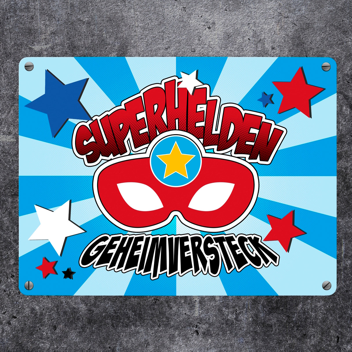 Superhelden Geheimversteck Metallschild im Comicdesign mit Superhelden Maske