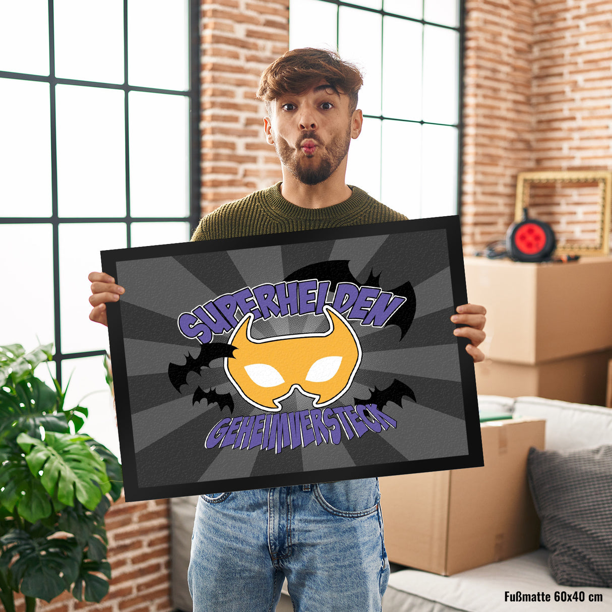 Superhelden Geheimversteck Fußmatte im Comicdesign mit Fledermäusen