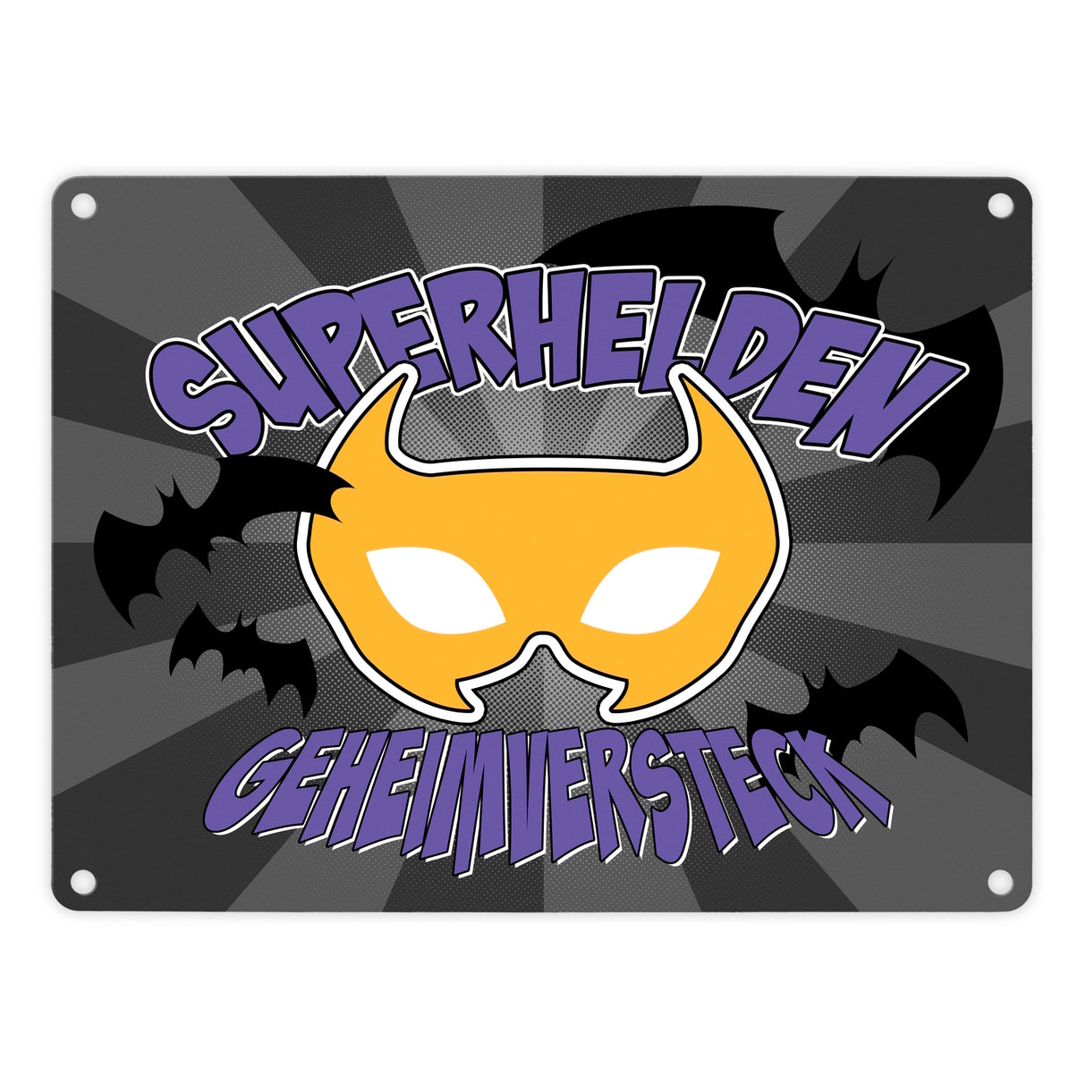Superhelden Geheimversteck Metallschild im Comicdesign mit Fledermäusen & Maske