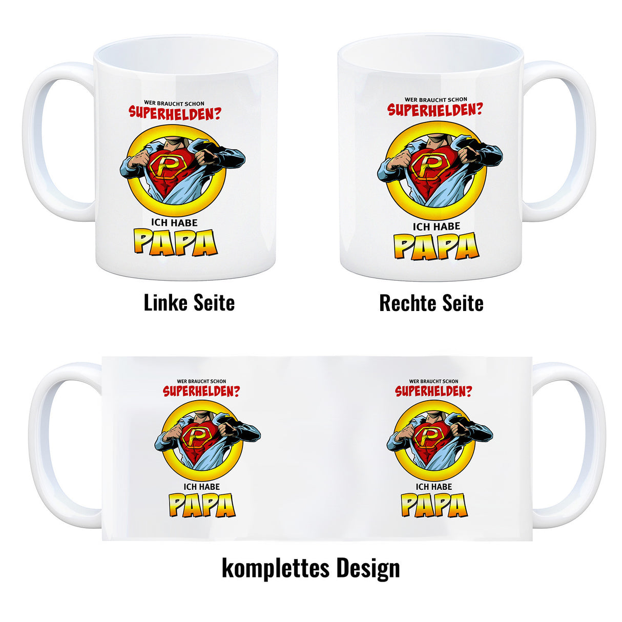 Kaffeebecher Comic mit Spruch - Wer braucht schon Superhelden? Ich habe Papa