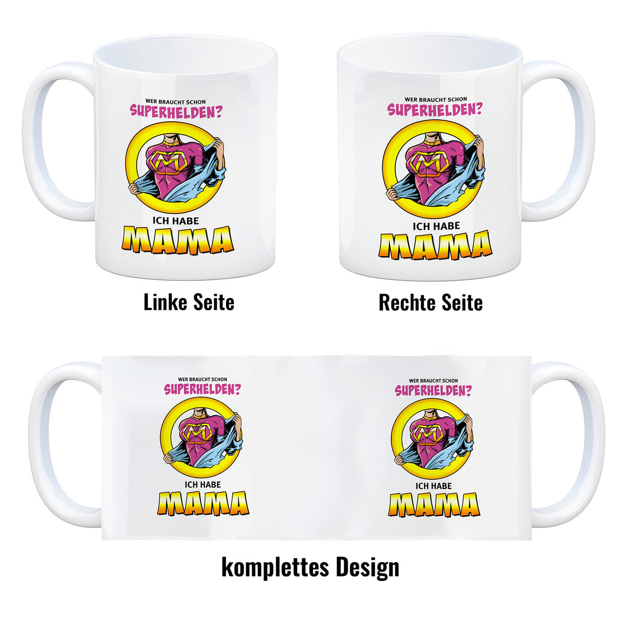 Kaffeebecher Comic mit Spruch - Wer braucht schon Superhelden? Ich habe Mama