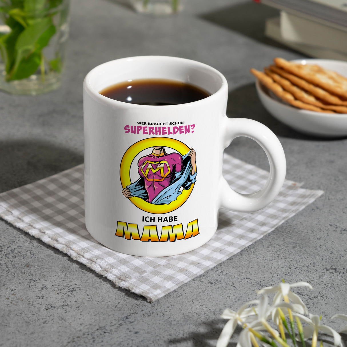 Kaffeebecher Comic mit Spruch - Wer braucht schon Superhelden? Ich habe Mama