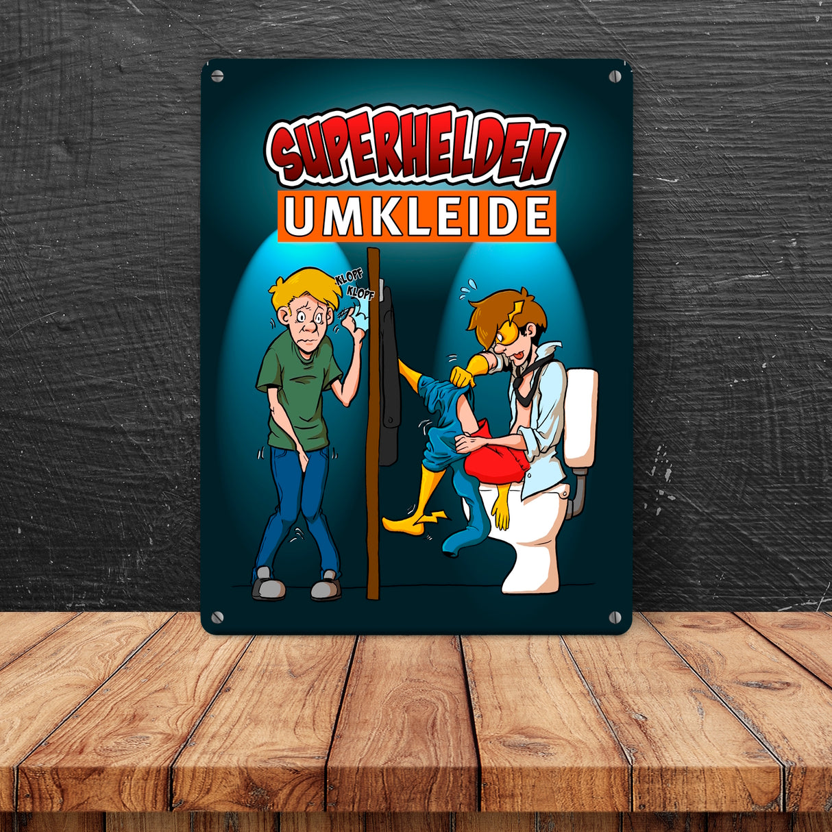 Metallschild mit lustigem Comic-Design für Toiletten - Superhelden-Umkleide