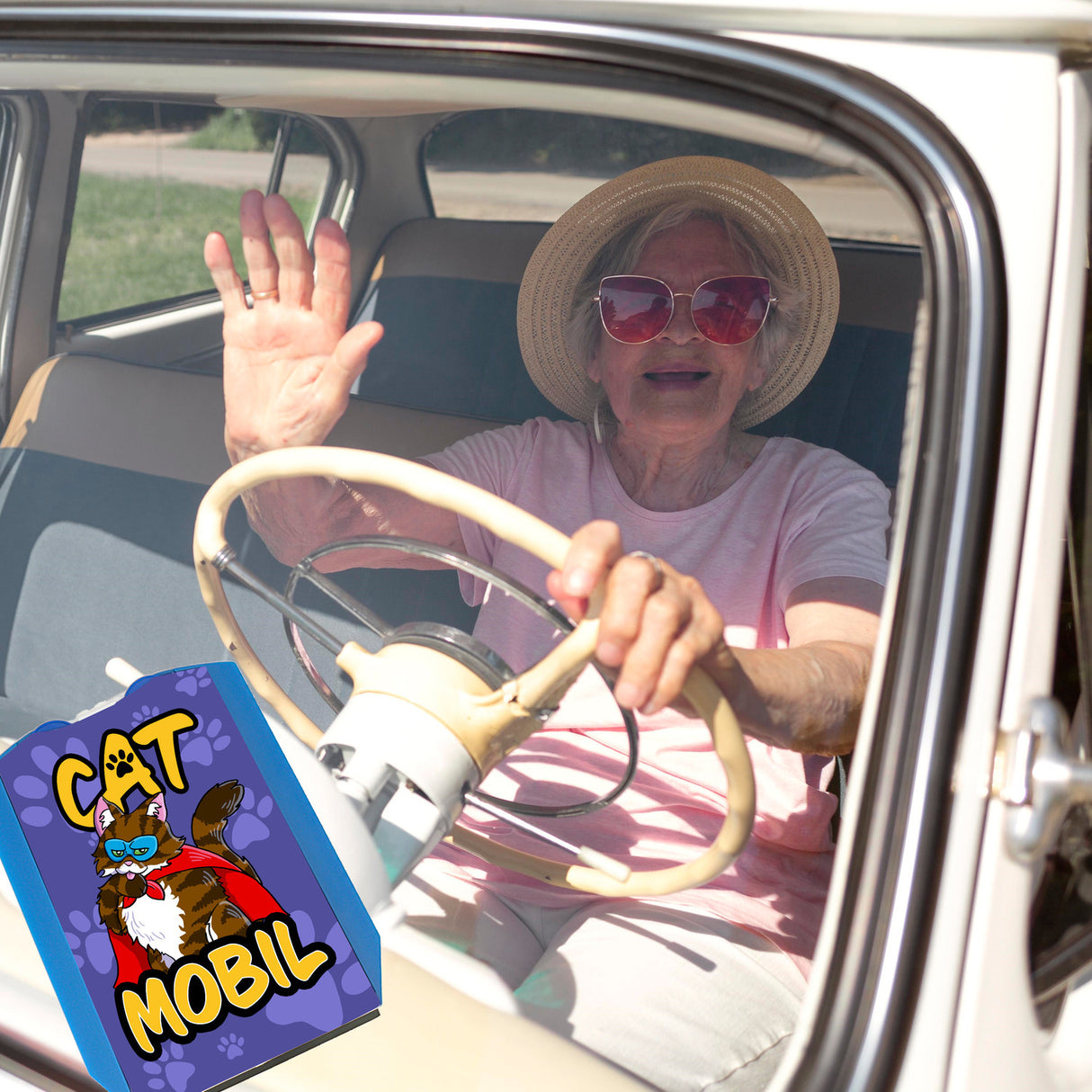 Parkscheibe mit Superhelden Katzen-Motiv und 2 Einkaufswagenchips - Catmobil