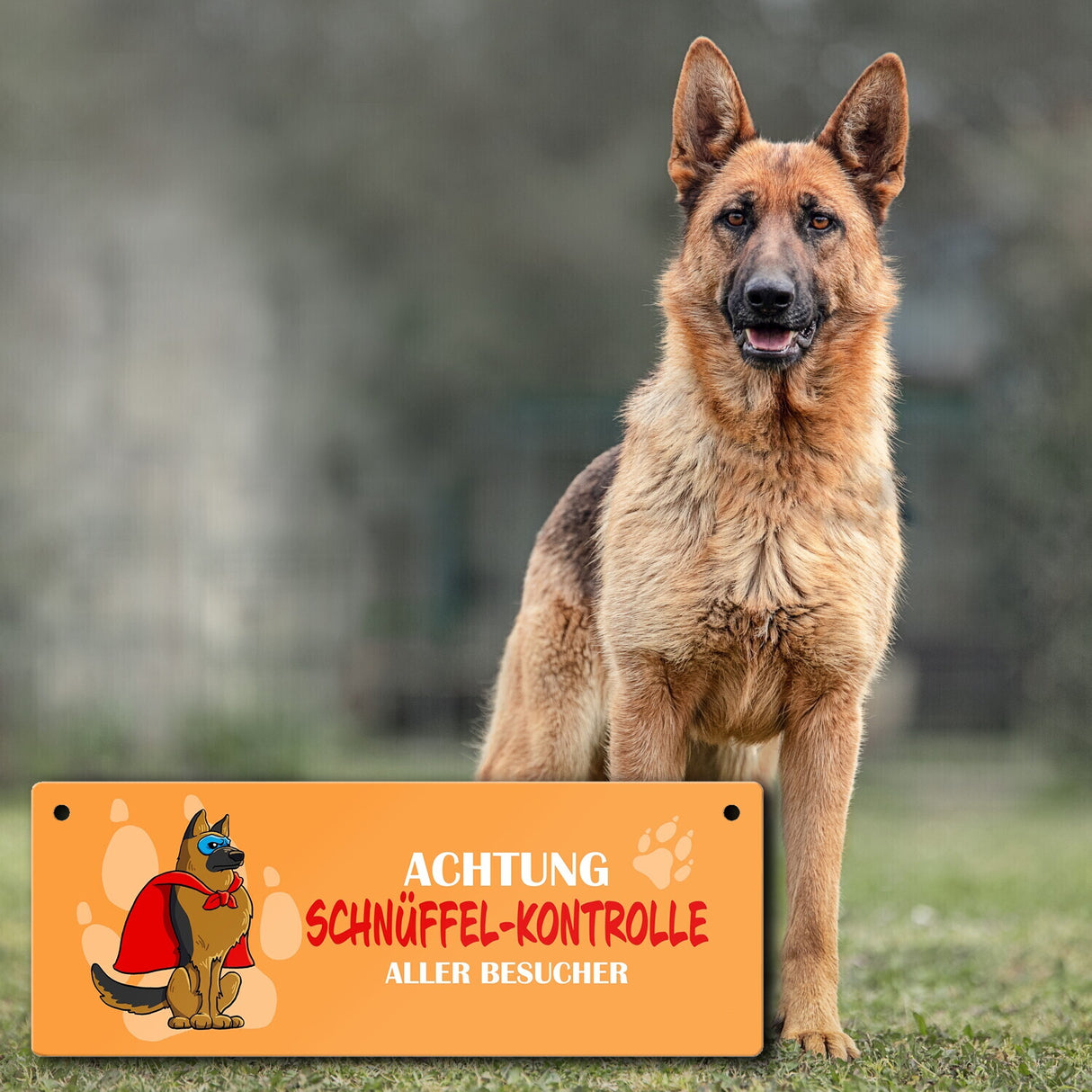 Metallschild mit Schäferhund - Achtung Schnüffel-Kontrolle aller Besucher