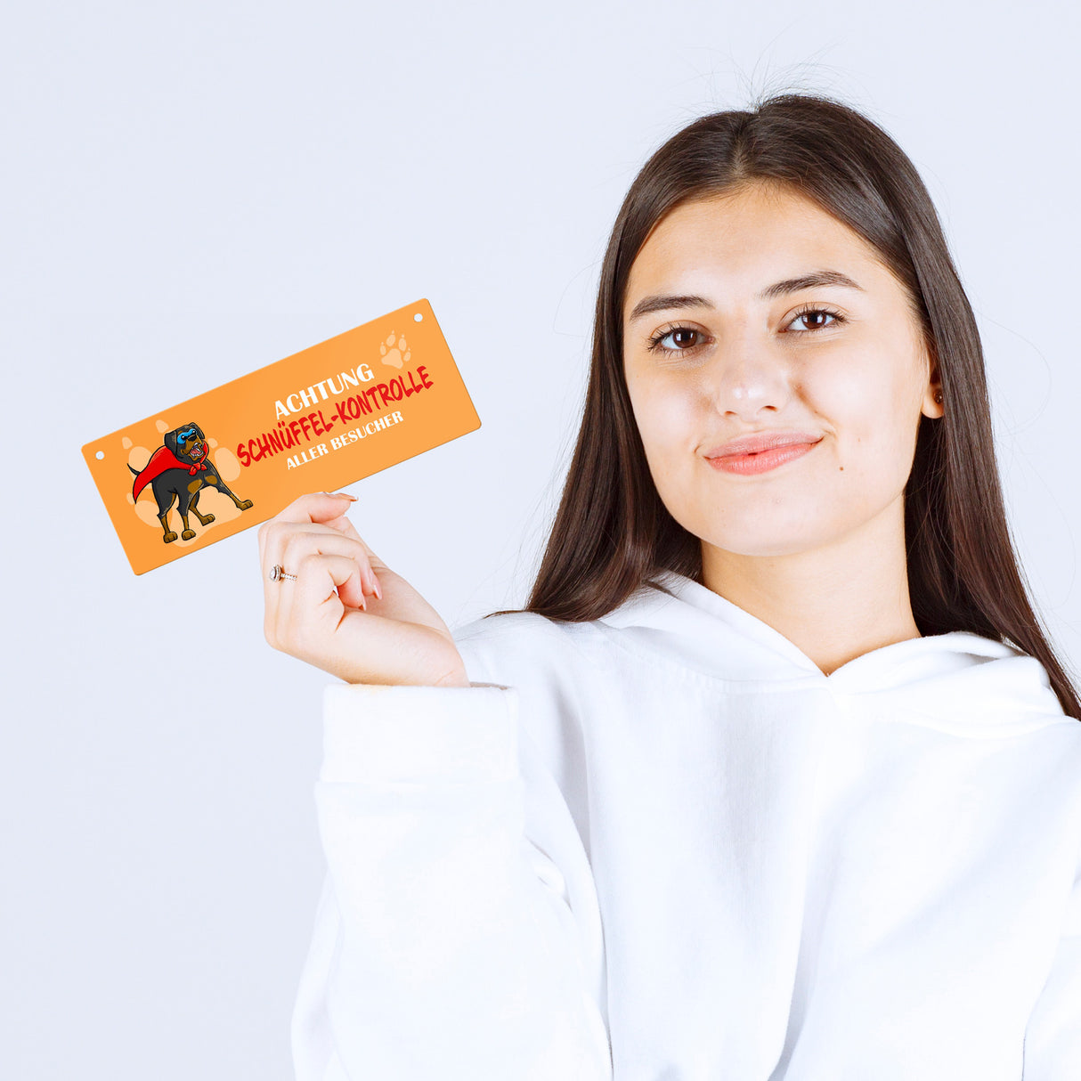 Metallschild mit Rottweiler - Achtung Schnüffel-Kontrolle aller Besucher
