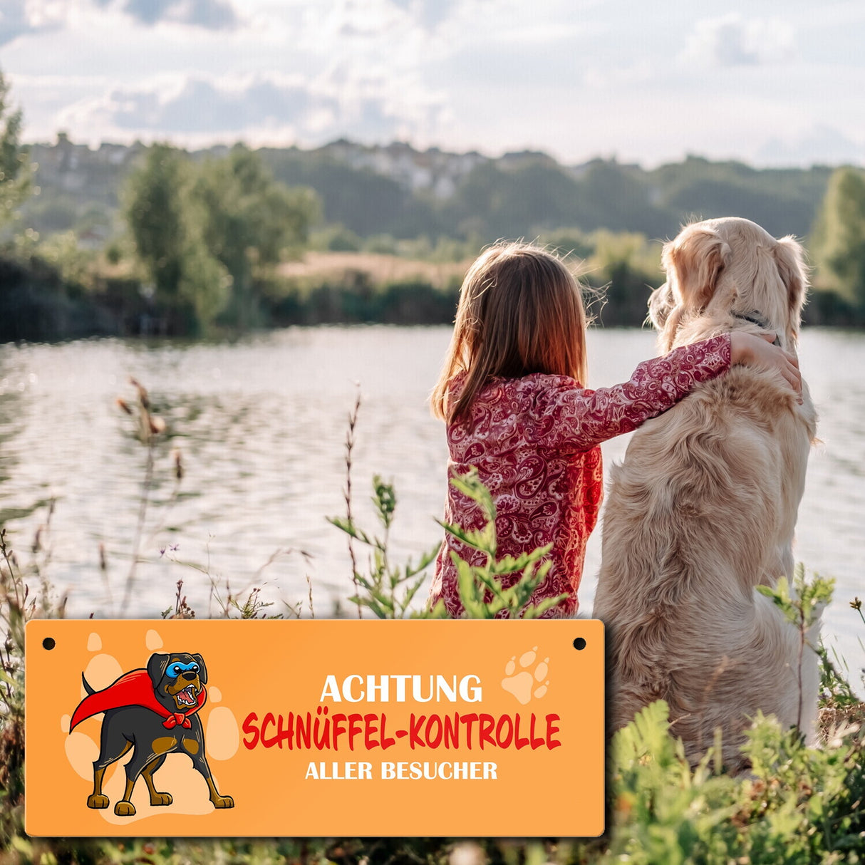 Metallschild mit Rottweiler - Achtung Schnüffel-Kontrolle aller Besucher