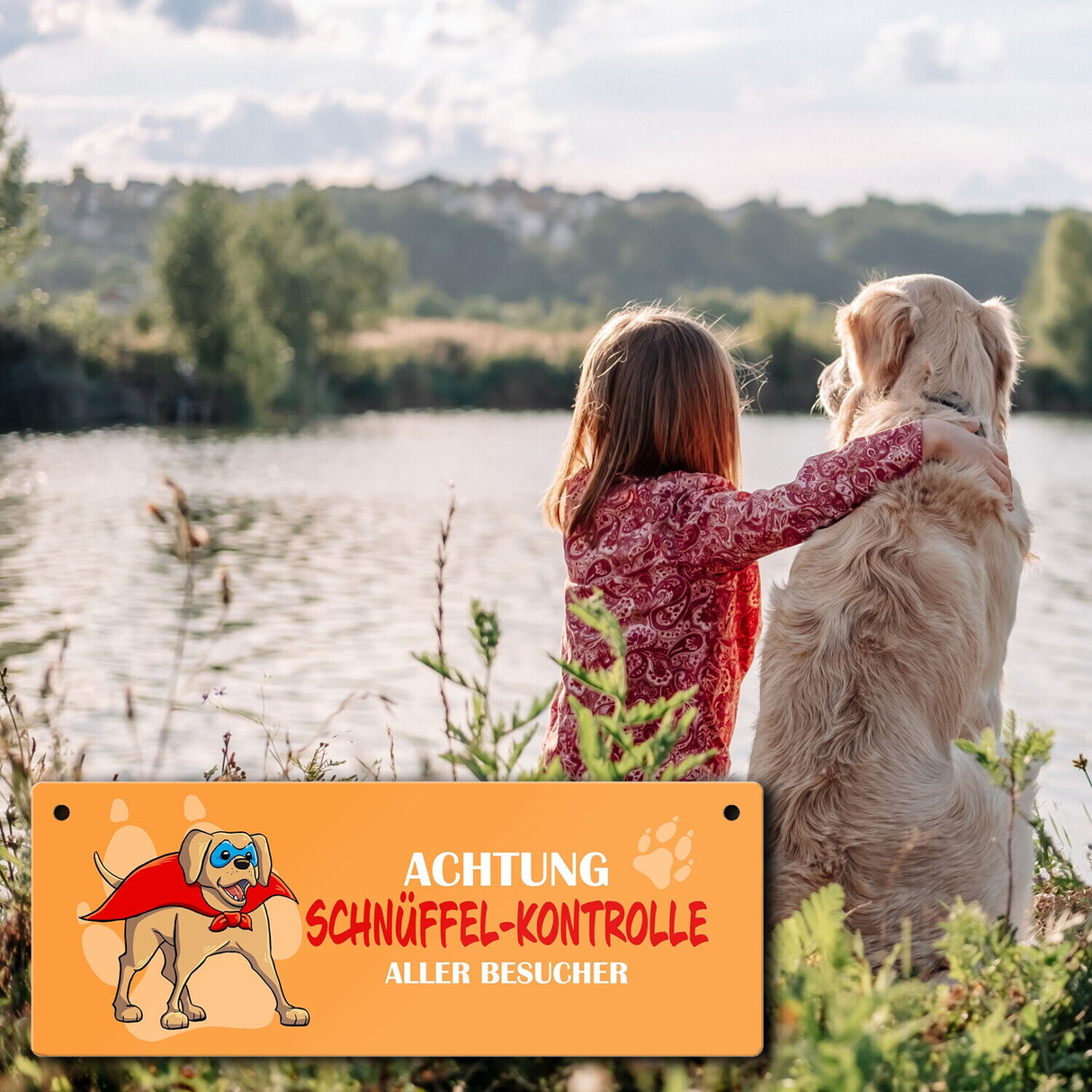 Metallschild mit Labrador - Achtung Schnüffel-Kontrolle aller Besucher