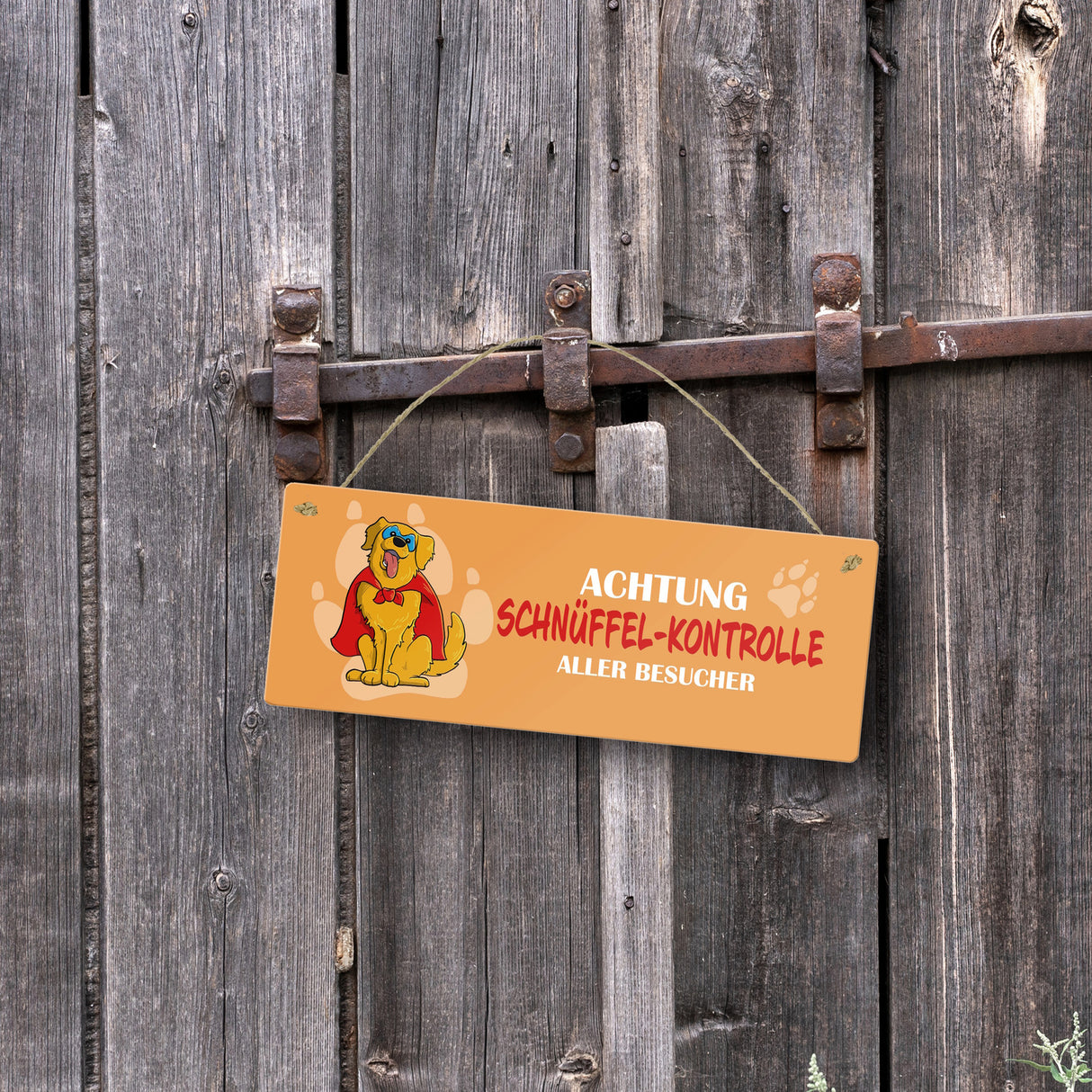 Metallschild mit Golden Retriever - Achtung Schnüffel-Kontrolle aller Besucher