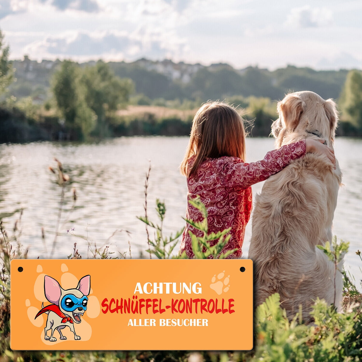 Metallschild mit Chihuahua - Achtung Schnüffel-Kontrolle aller Besucher