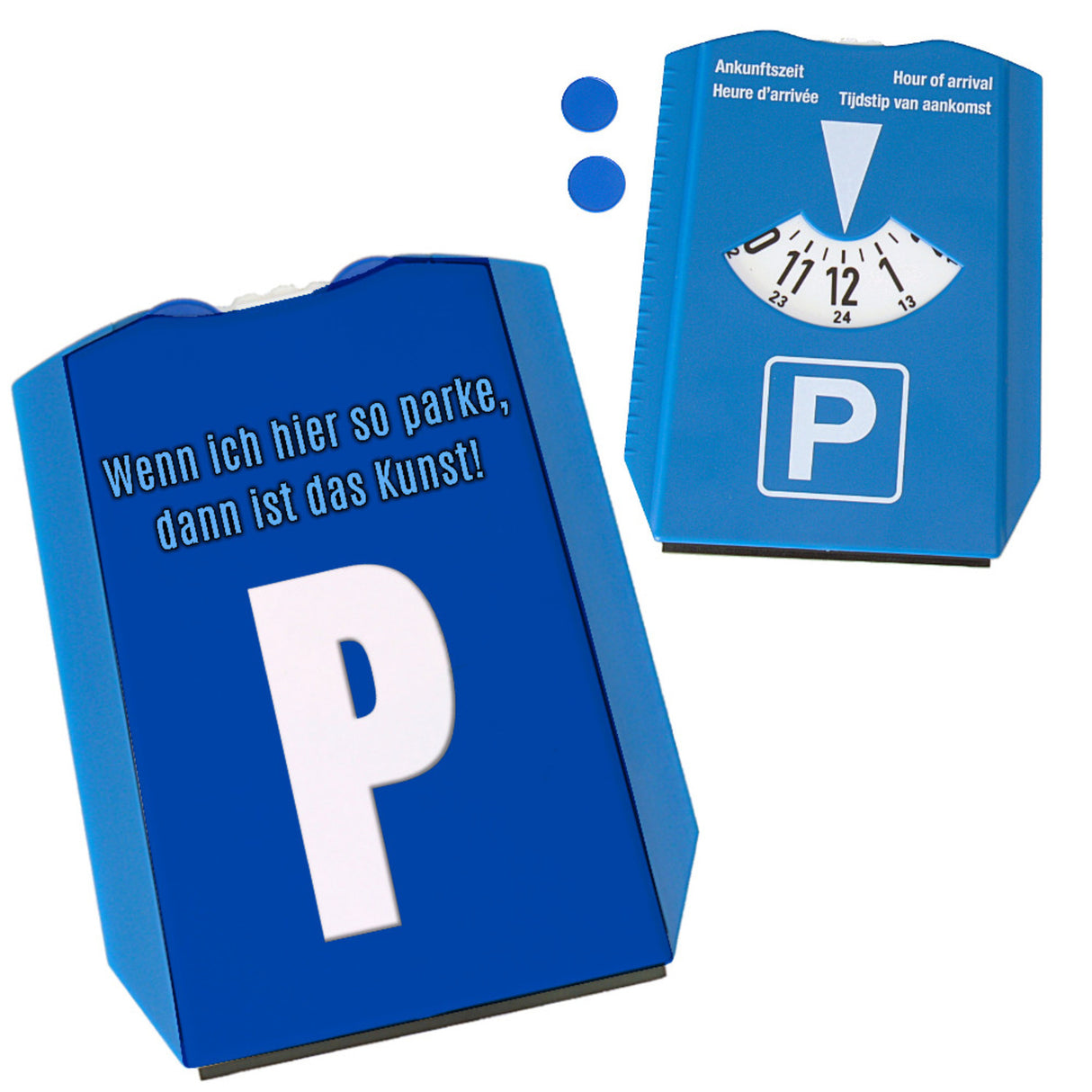 Parkscheibe mit Parkplatzsymbol, lustigem Spruch und 2 Einkaufswagenchips