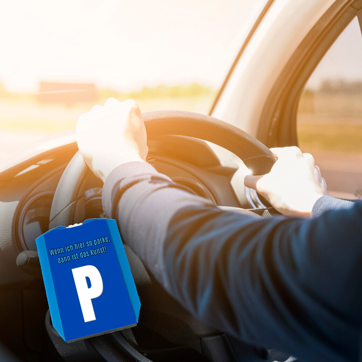 Parkscheibe mit Parkplatzsymbol, lustigem Spruch und 2 Einkaufswagenchips