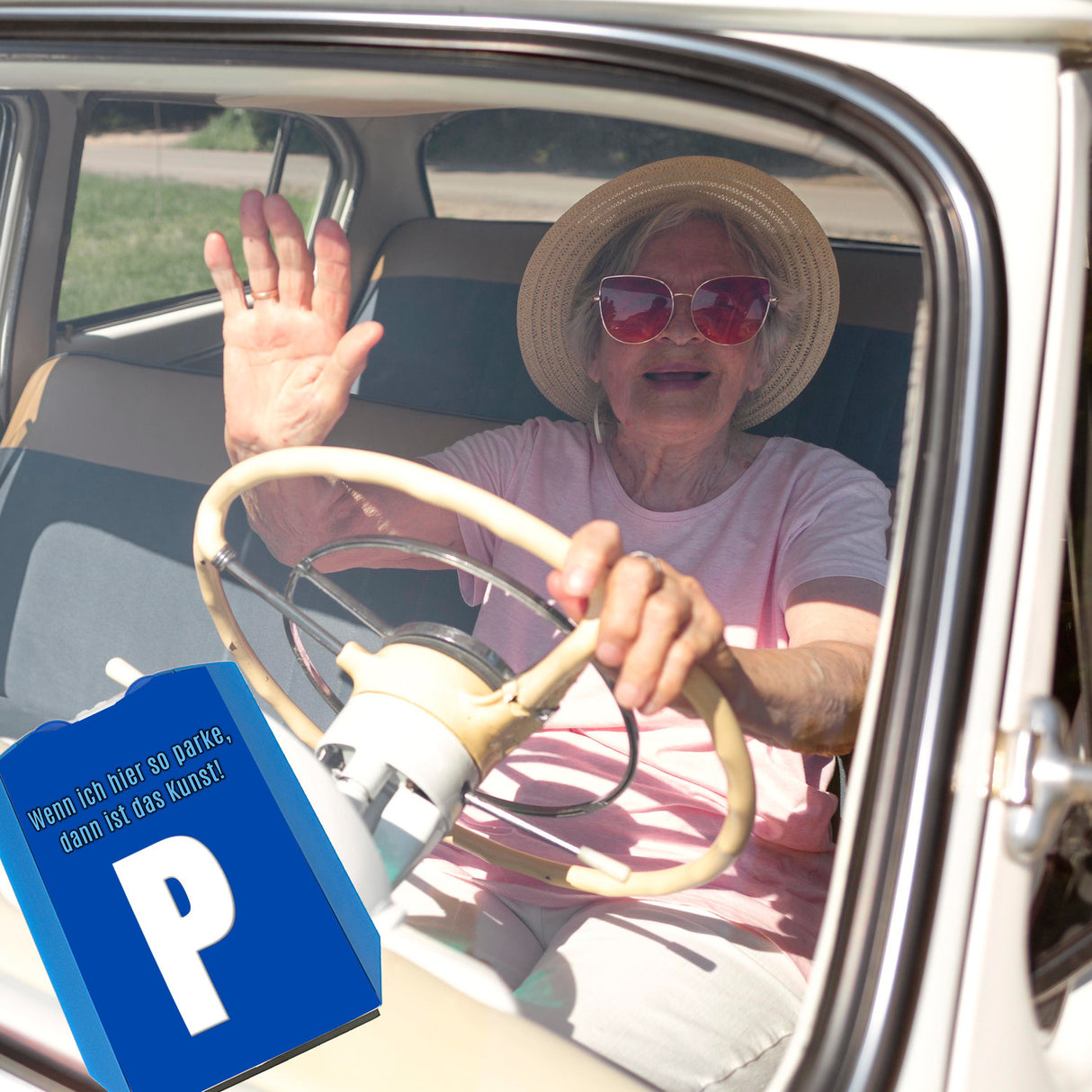 Parkscheibe mit Parkplatzsymbol, lustigem Spruch und 2 Einkaufswagenchips