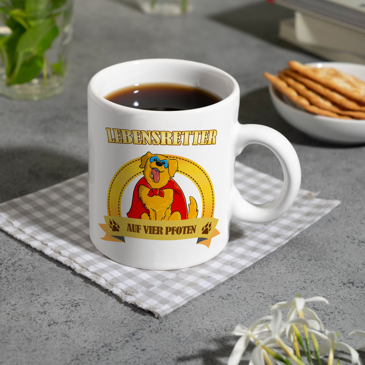 Kaffeebecher mit Superheld - Golden Retriever - Lebensretter auf vier Pfoten