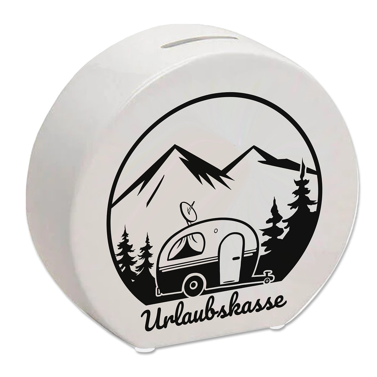 Urlaubskasse Spardose -weiß mit Wohnwagen - Camping im Wald