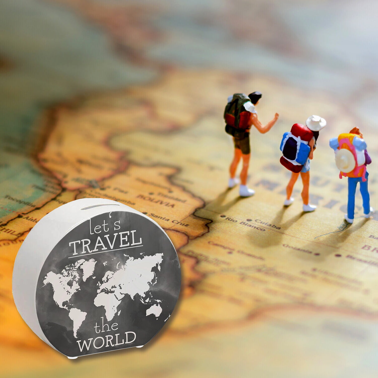 Spardose mit Weltkarten Motiv und Text - let's travel the world