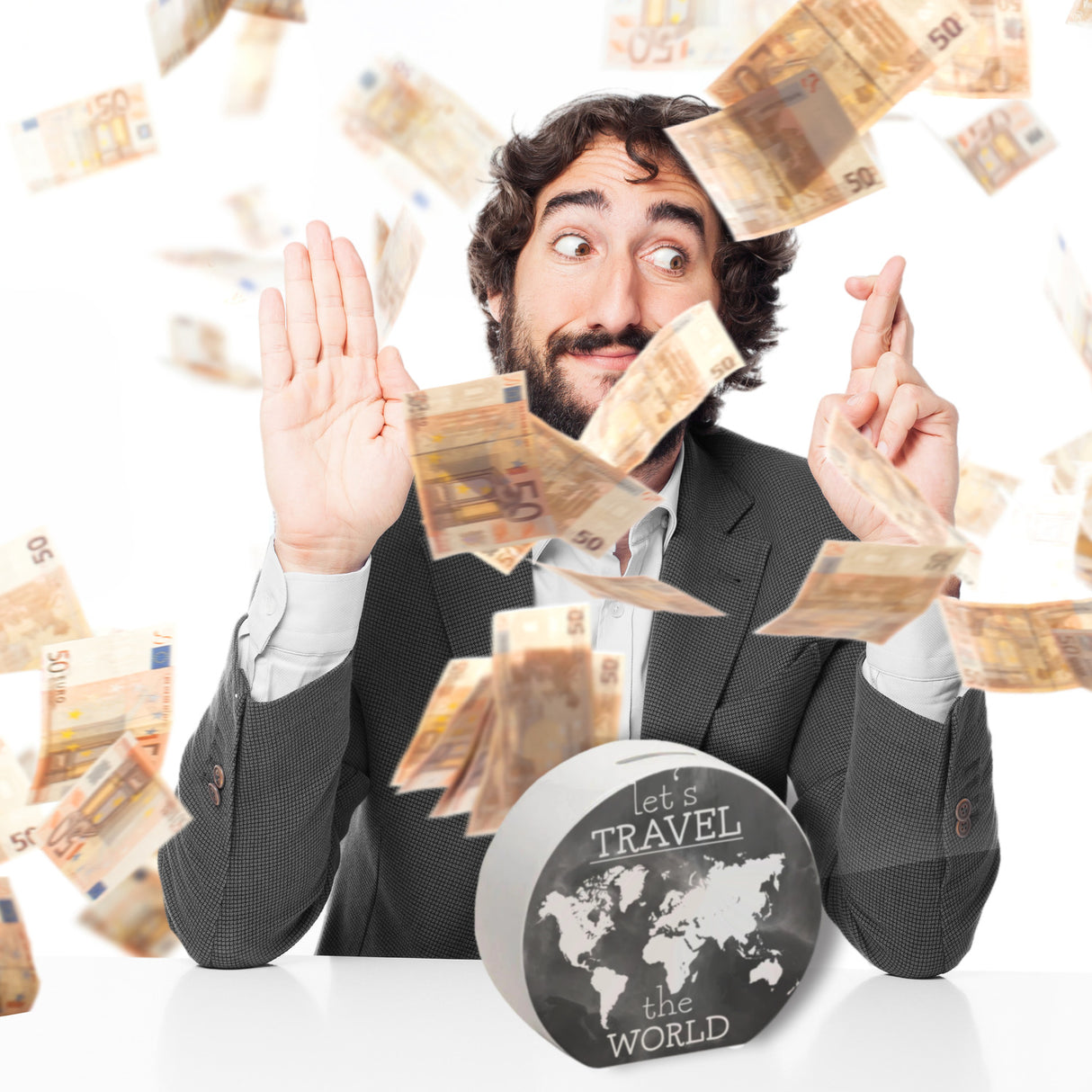 Spardose mit Weltkarten Motiv und Text - let's travel the world