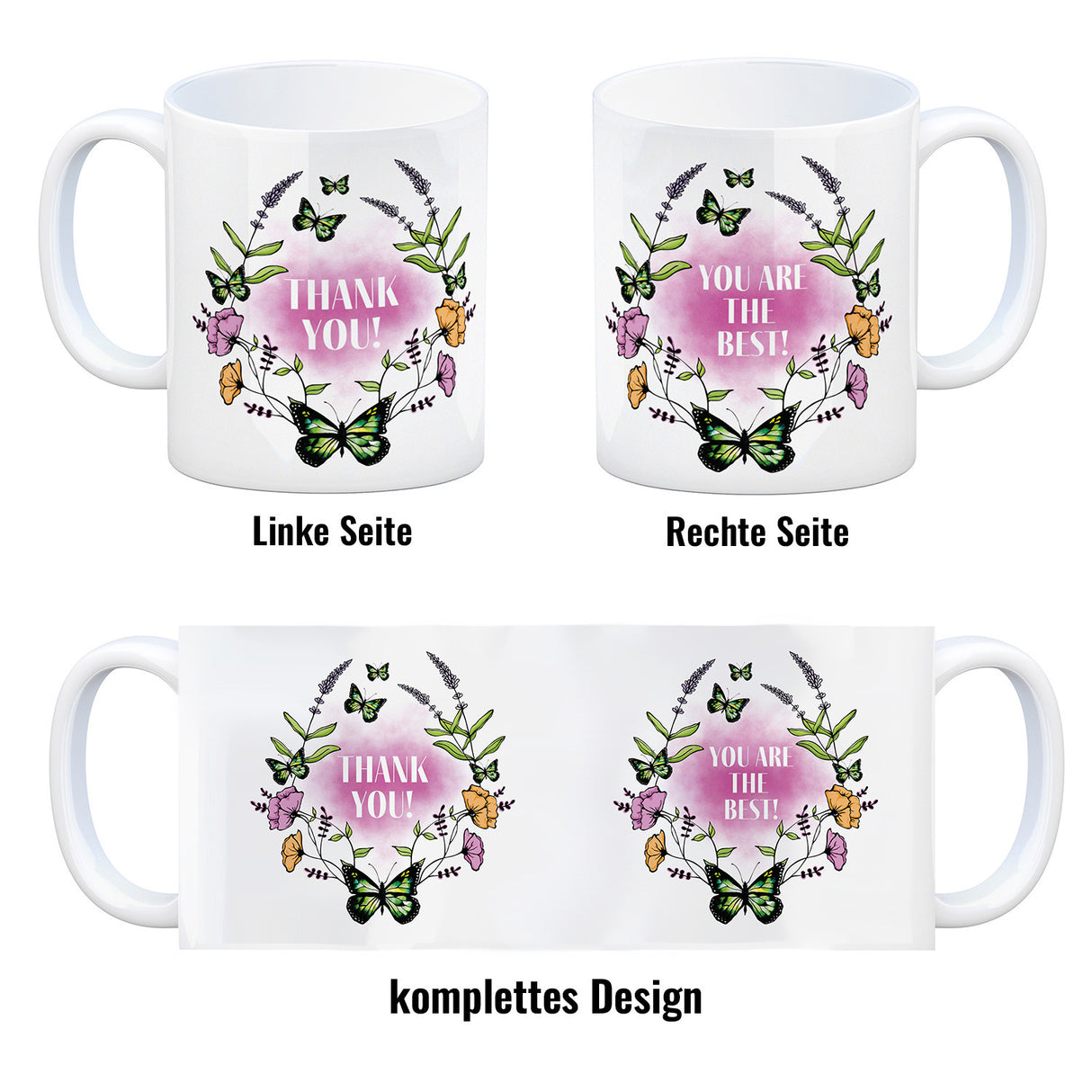 Kaffeebecher mit motivierenden Worten und Blumenrahmen mit Schmetterlingen