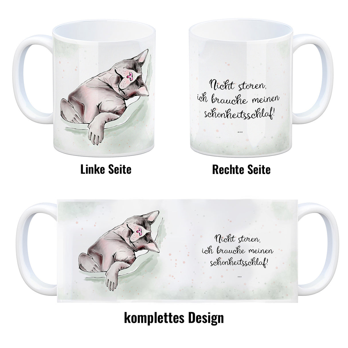 Kaffeebecher in pastellfarben mit schlafender Katze und witzigem Spruch