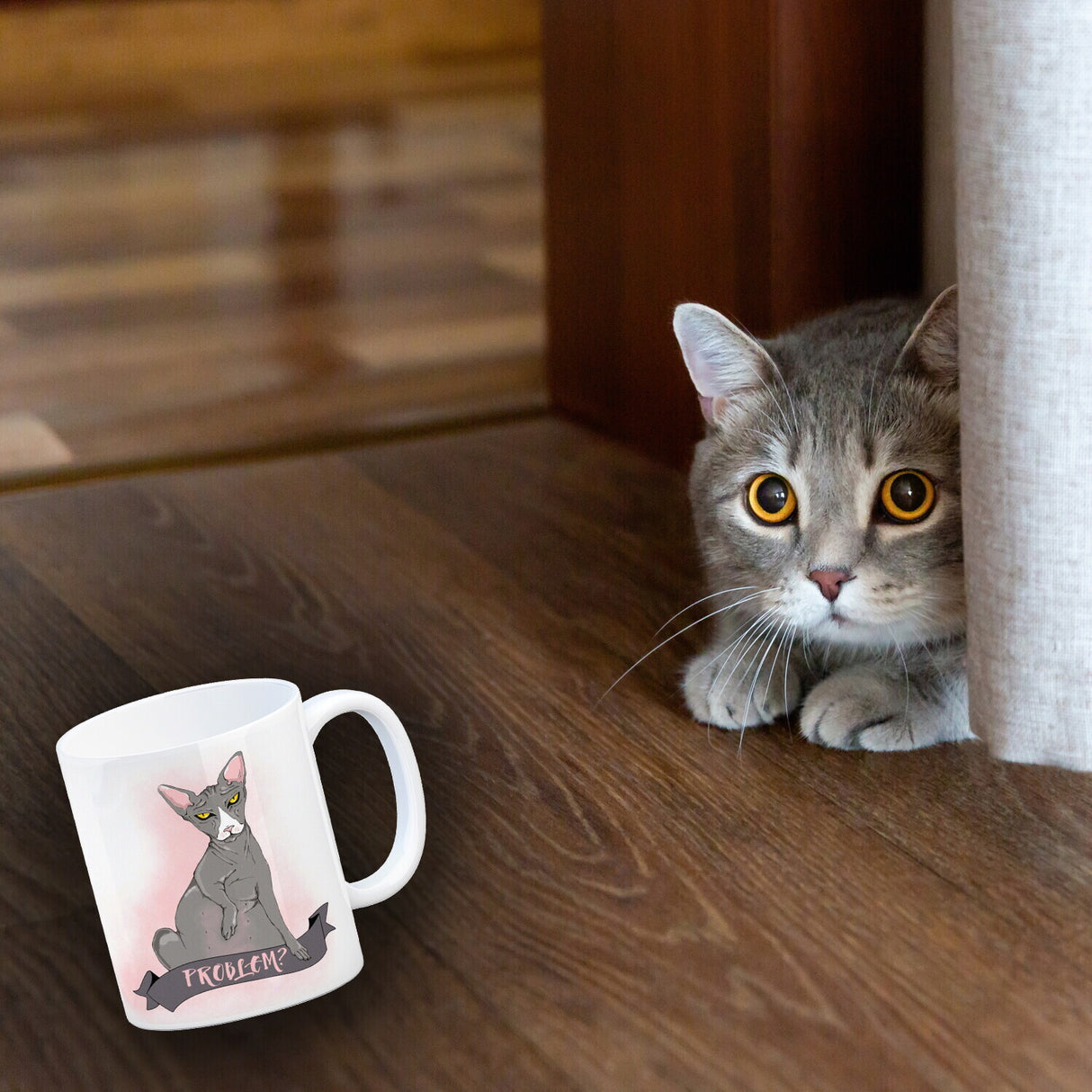 Kaffeebecher mit böse schauender Nacktkatze und Spruch Psycho/Problem?