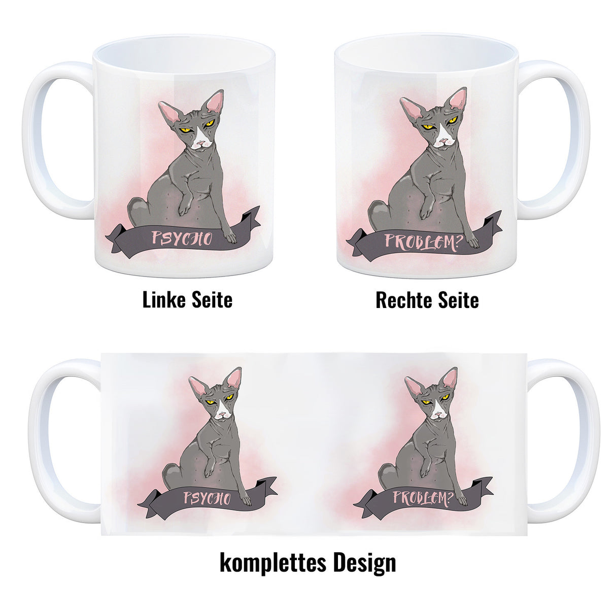 Kaffeebecher mit böse schauender Nacktkatze und Spruch Psycho/Problem?