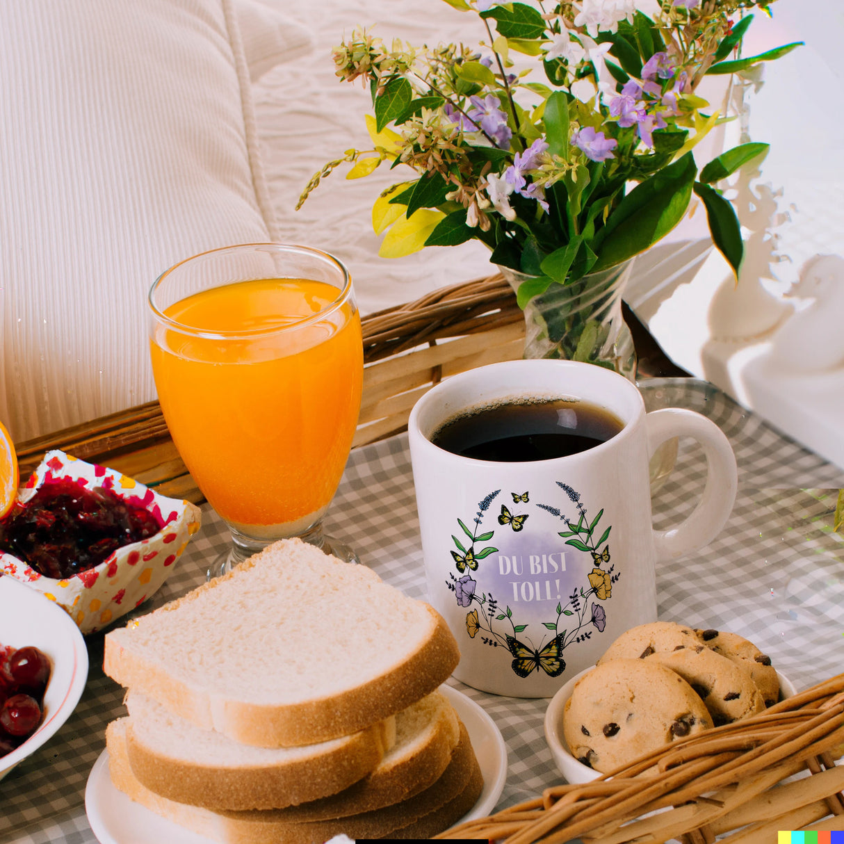 Kaffeebecher mit motivierenden Worten und Blumenrahmen mit Schmetterlingen