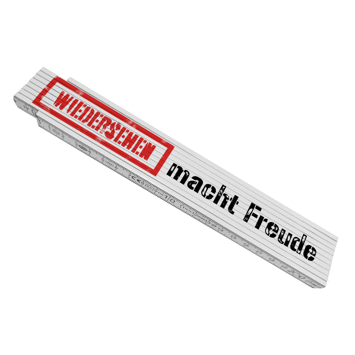 Meterstab aus Holz mit besonderem Design und Spruch - Wiedersehen macht Freude