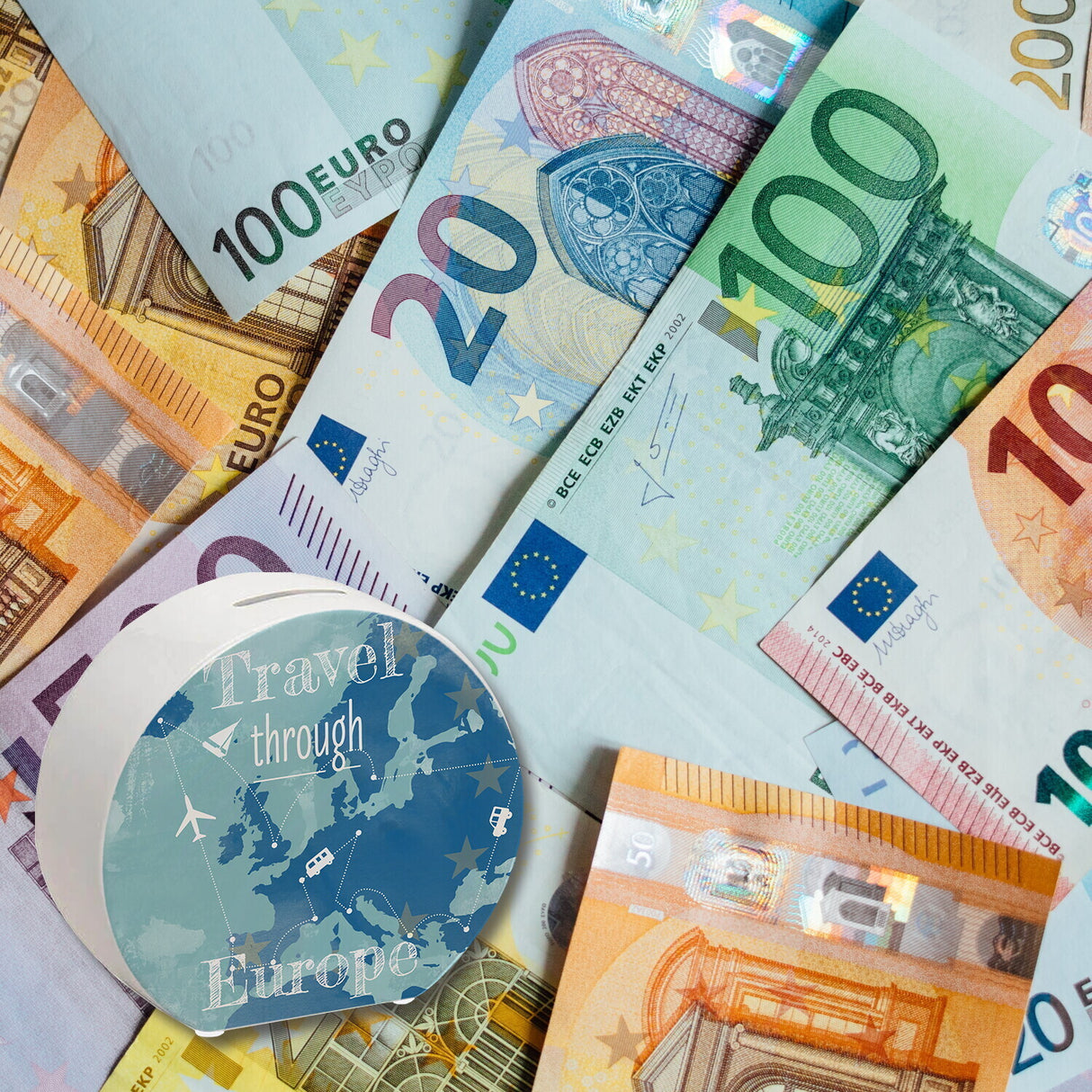 Spardose mit Europa Karte und Spruch - travel through Europa