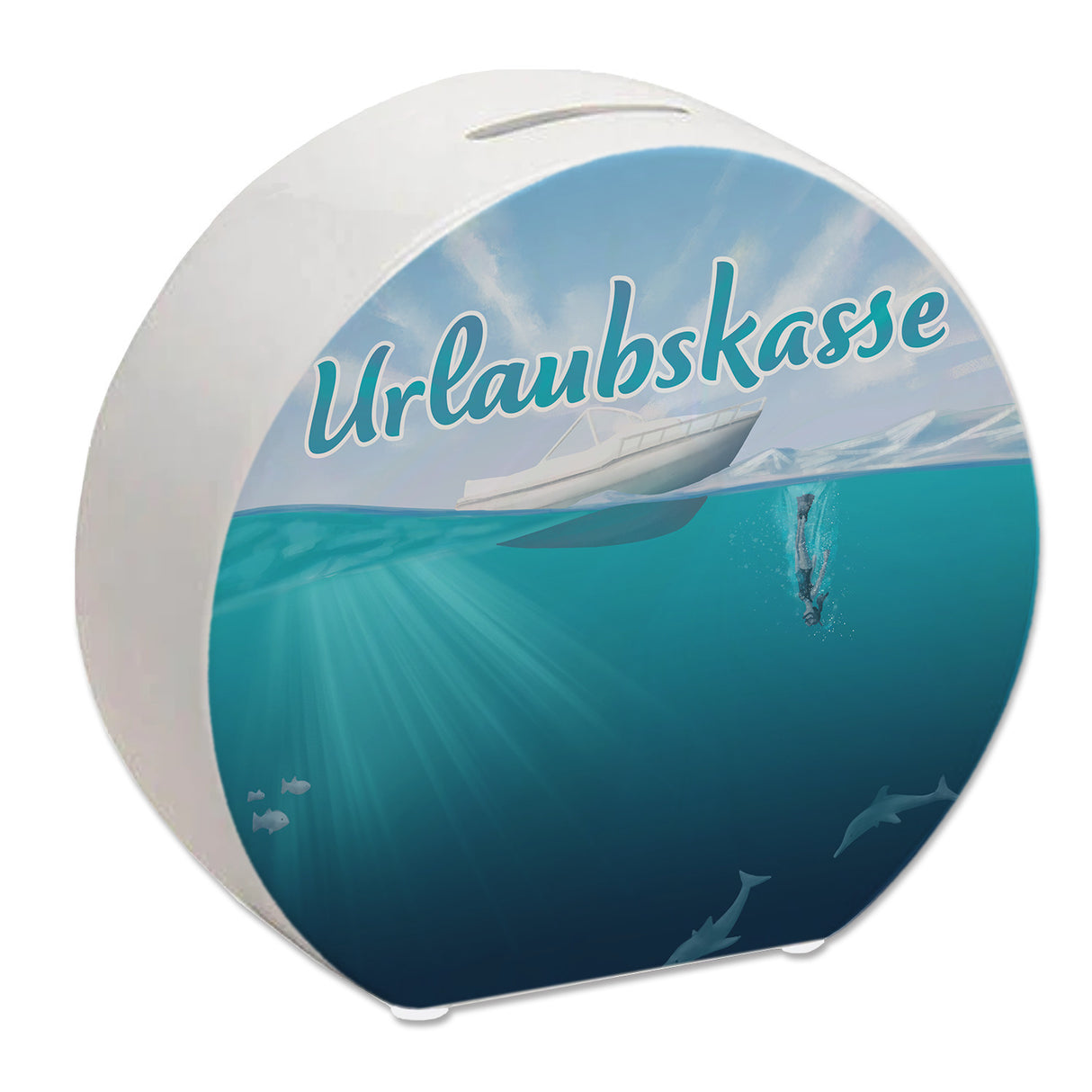 Spardose im Taucher-Design mit Boot und Text - Urlaubskasse