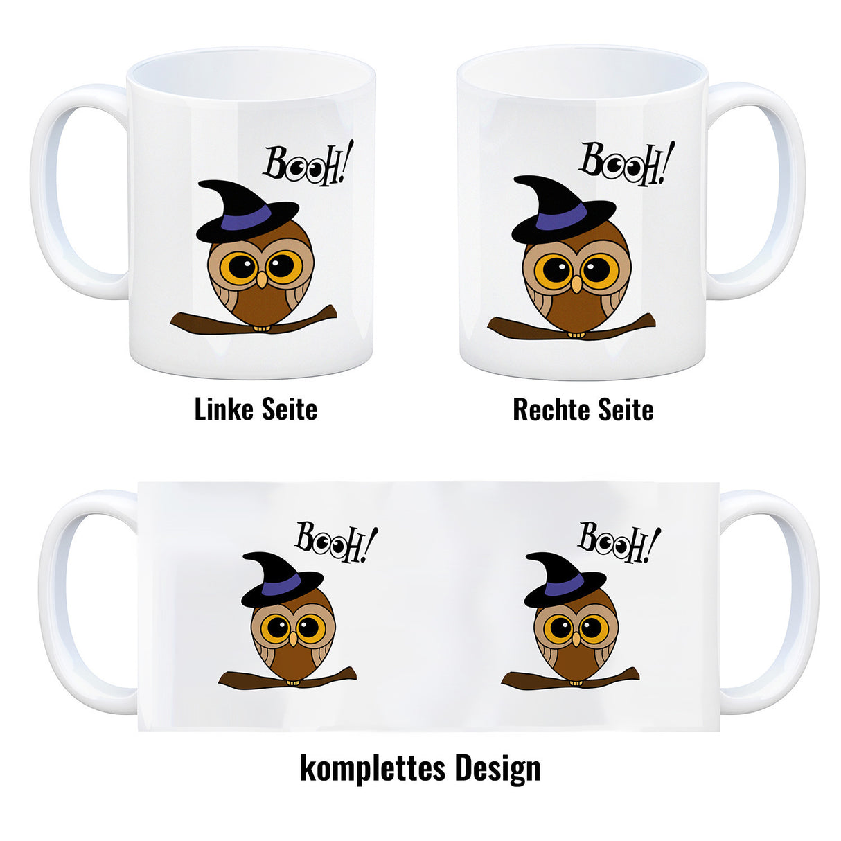 Kaffeebecher für Halloween mit niedlichem Eulenmotiv und Spruch - BOOH!