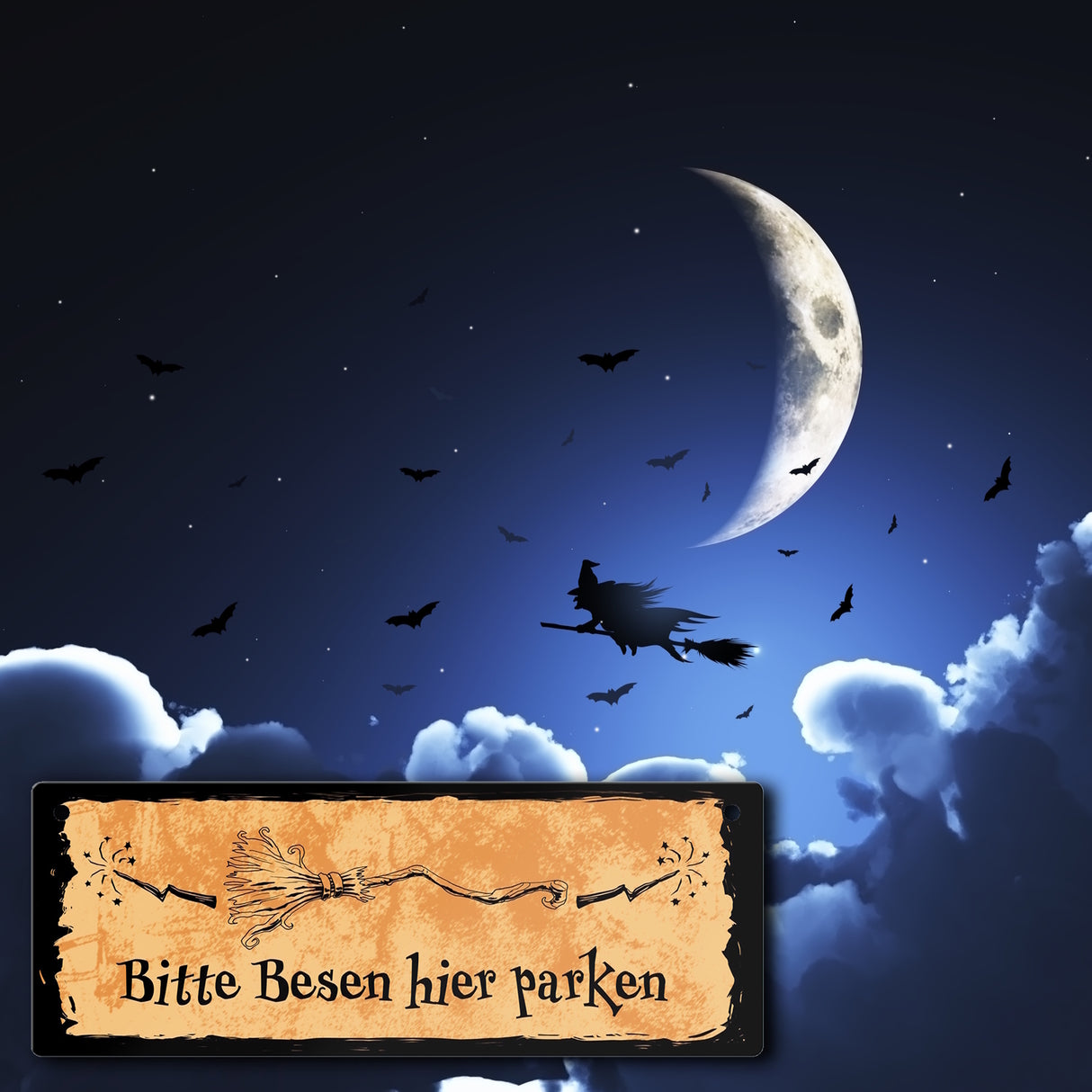 Metallschild für Hexen mit Besen-Motiv und Spruch - Bitte Besen hier parken