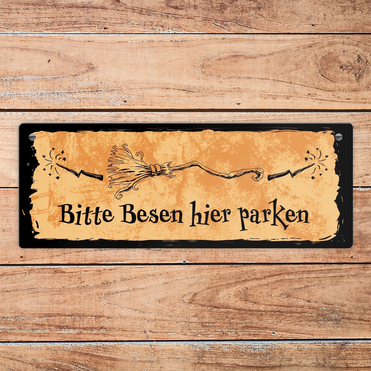 Metallschild für Hexen mit Besen-Motiv und Spruch - Bitte Besen hier parken