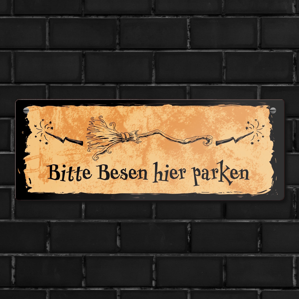 Metallschild für Hexen mit Besen-Motiv und Spruch - Bitte Besen hier parken