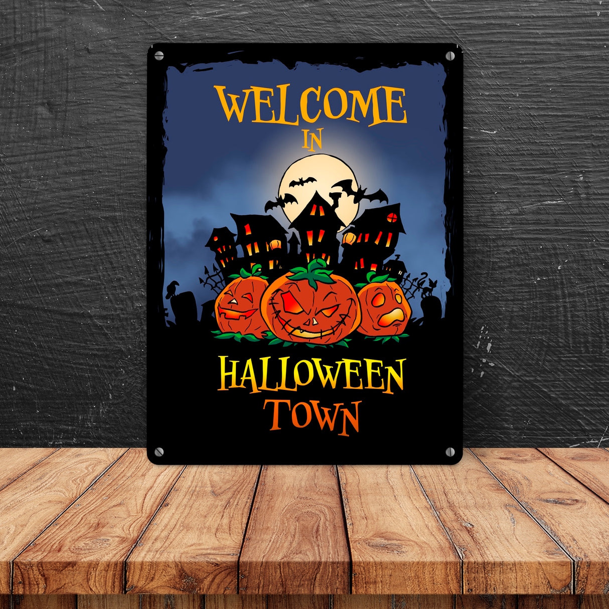 Metallschild mit gruseligem Motiv und Spruch - Welcome in Halloween Town -
