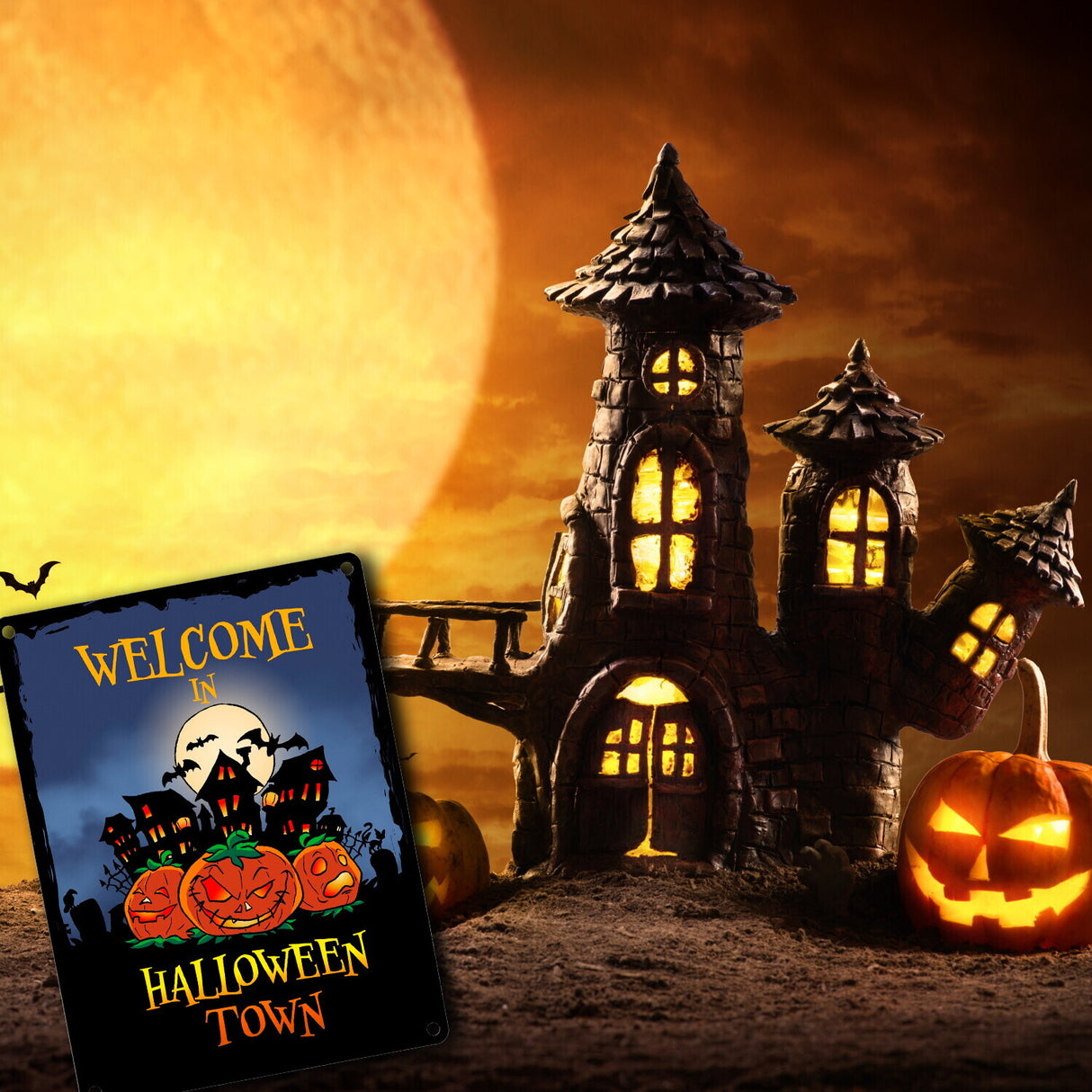 Metallschild mit gruseligem Motiv und Spruch - Welcome in Halloween Town -