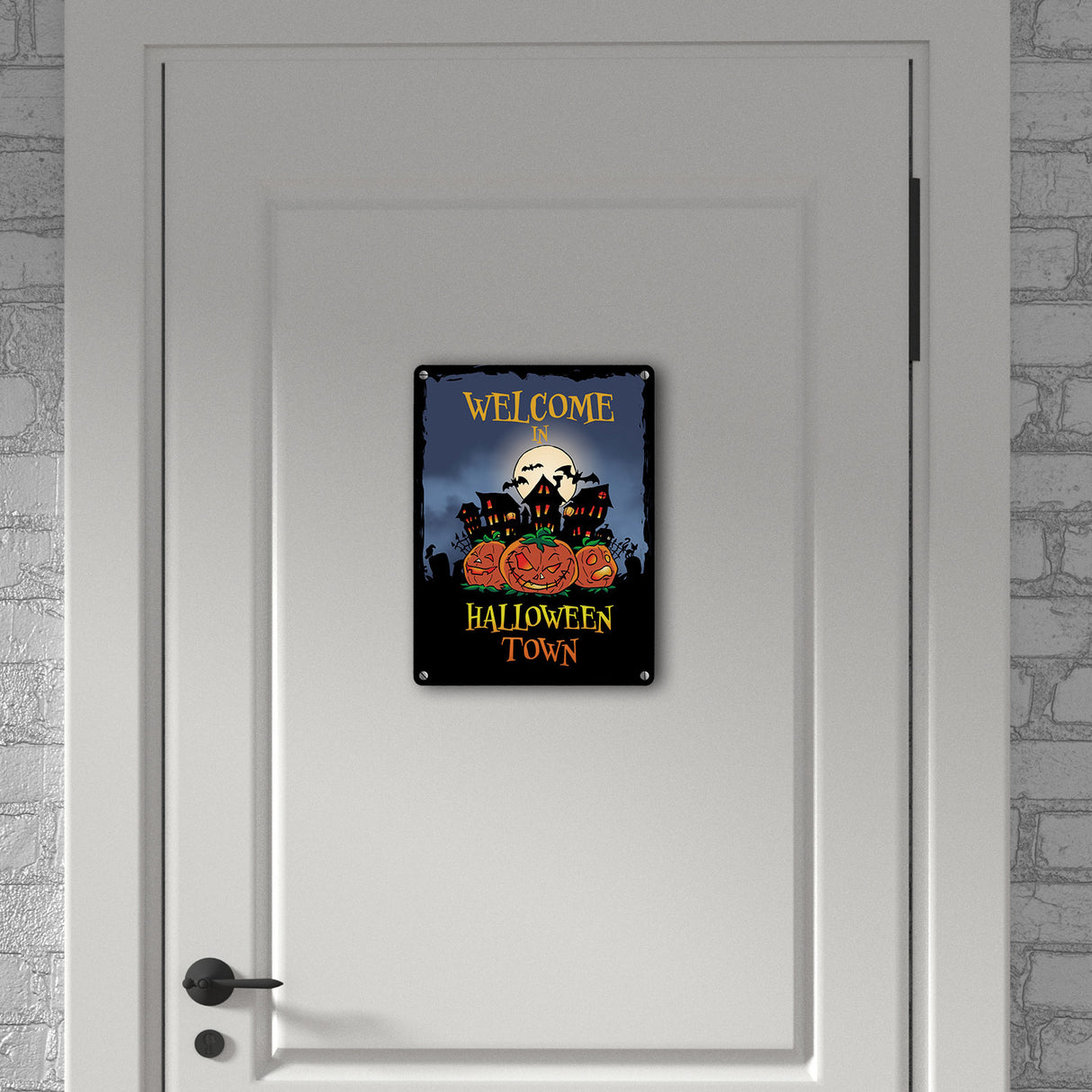 Metallschild mit gruseligem Motiv und Spruch - Welcome in Halloween Town -