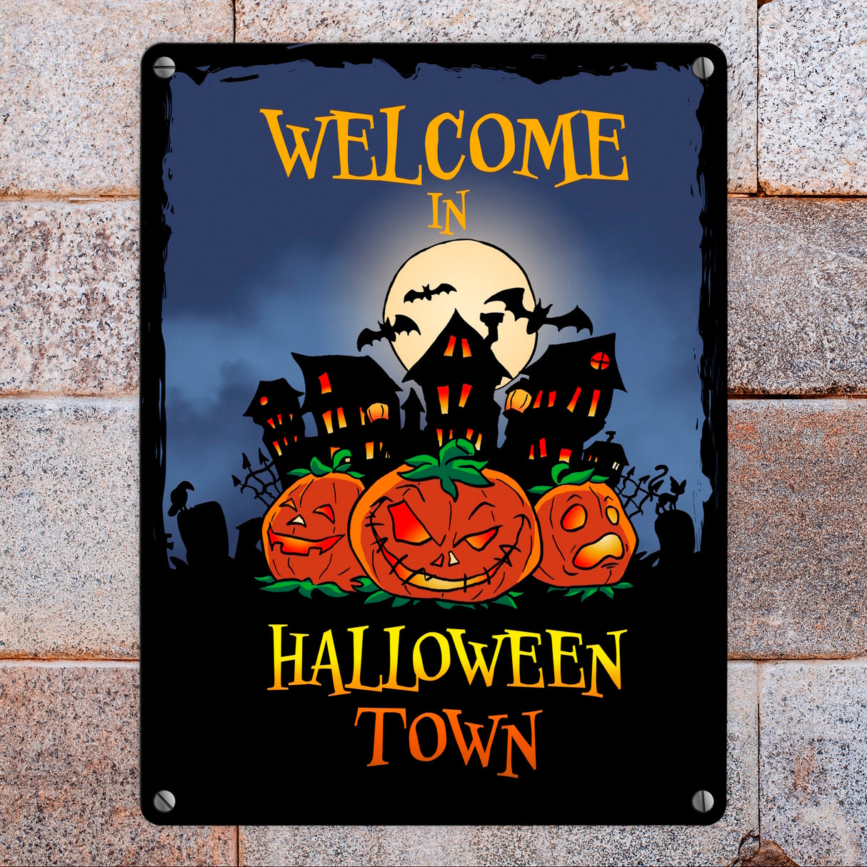 Metallschild mit gruseligem Motiv und Spruch - Welcome in Halloween Town -