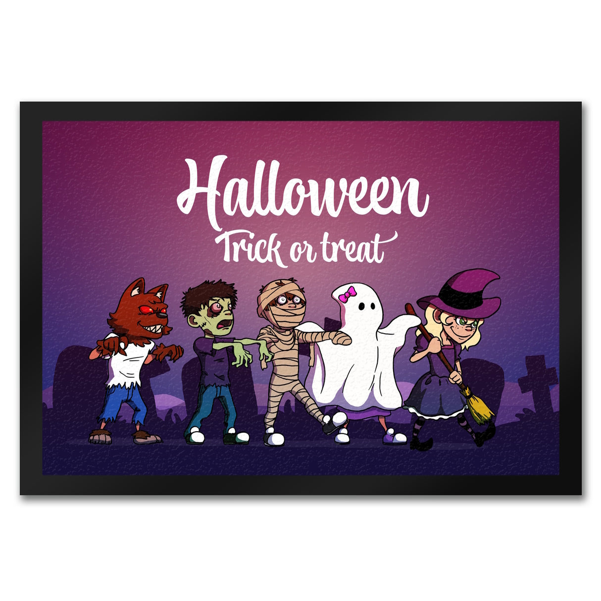 Fußmatte mit Halloween-Motiv, Spruch und kleinen Monstern
