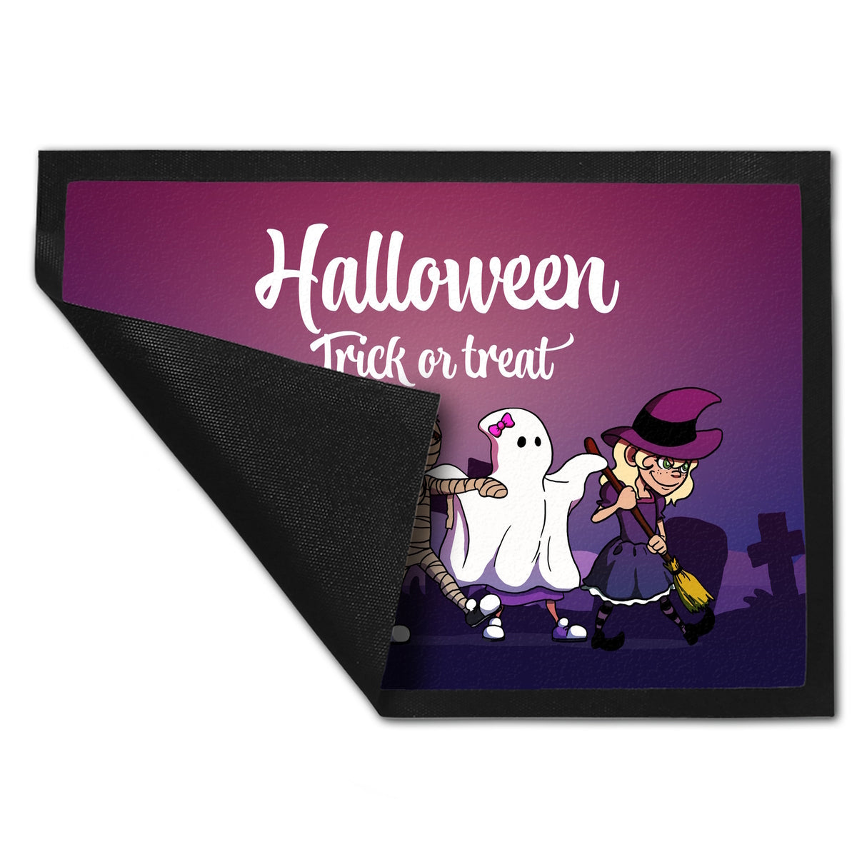 Fußmatte mit Halloween-Motiv, Spruch und kleinen Monstern