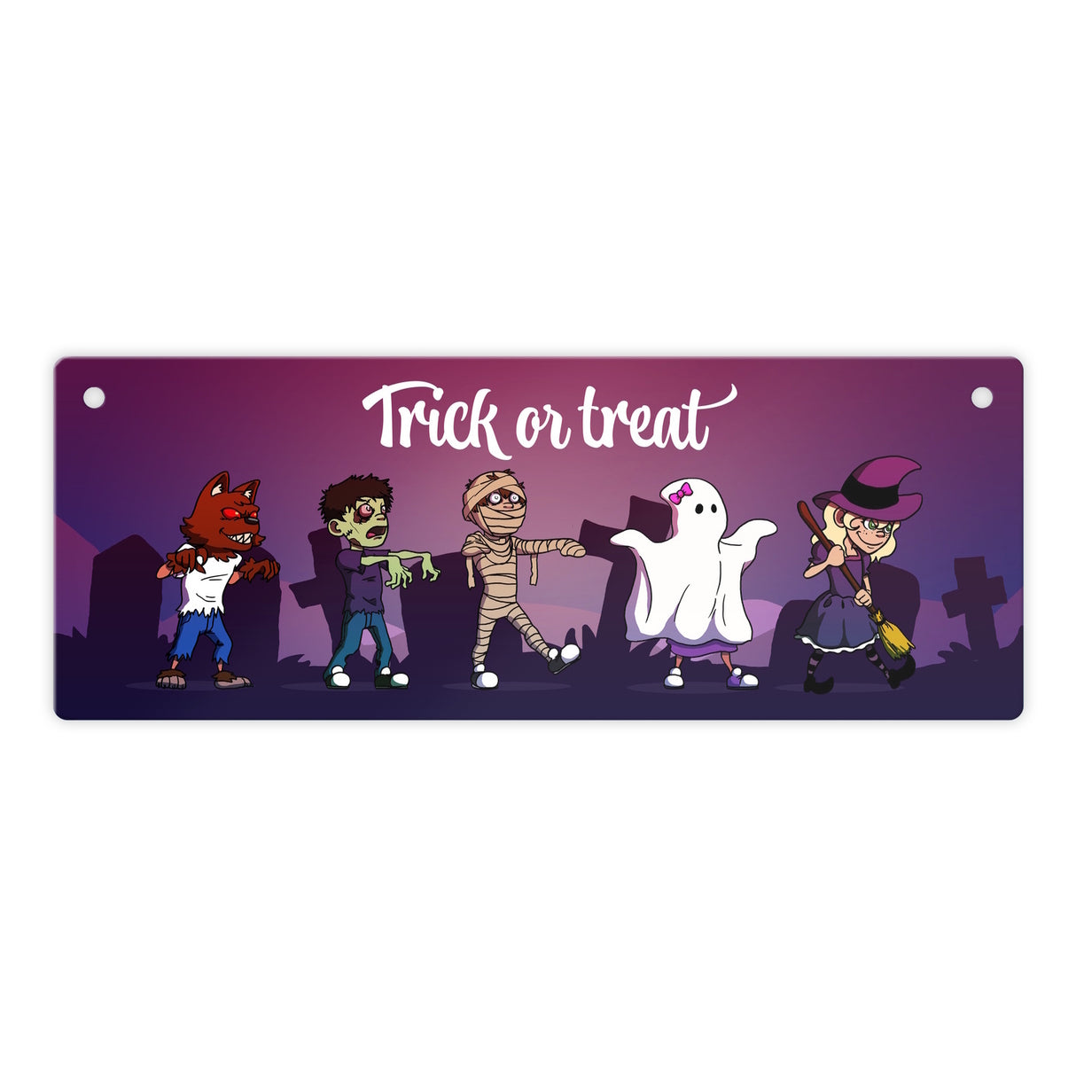 Metallschild mit Halloween-Motiv, Spruch und kleinen Monstern