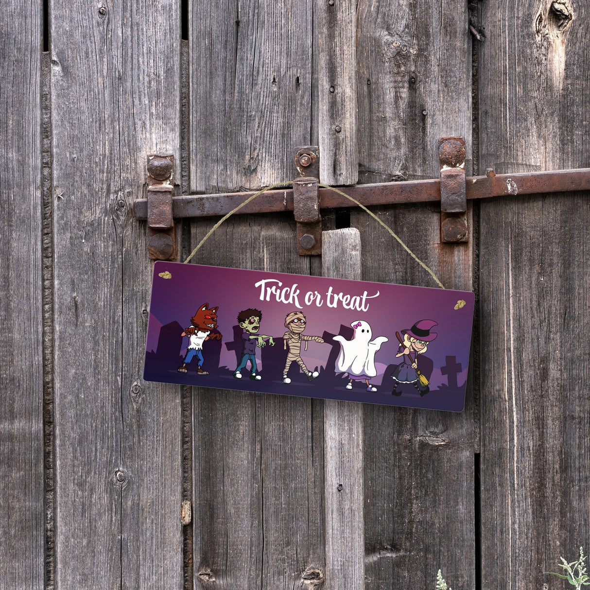Metallschild mit Halloween-Motiv, Spruch und kleinen Monstern