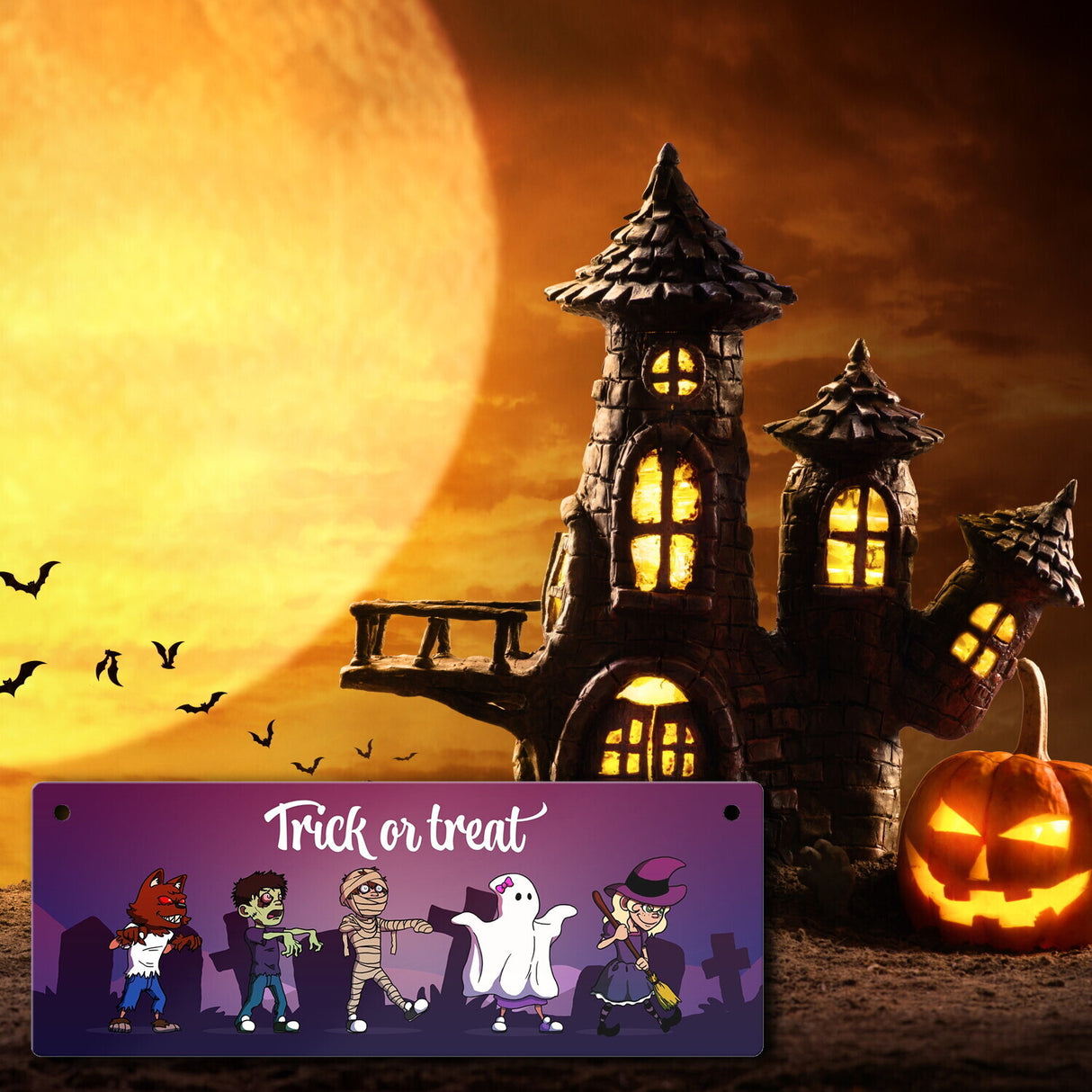 Metallschild mit Halloween-Motiv, Spruch und kleinen Monstern