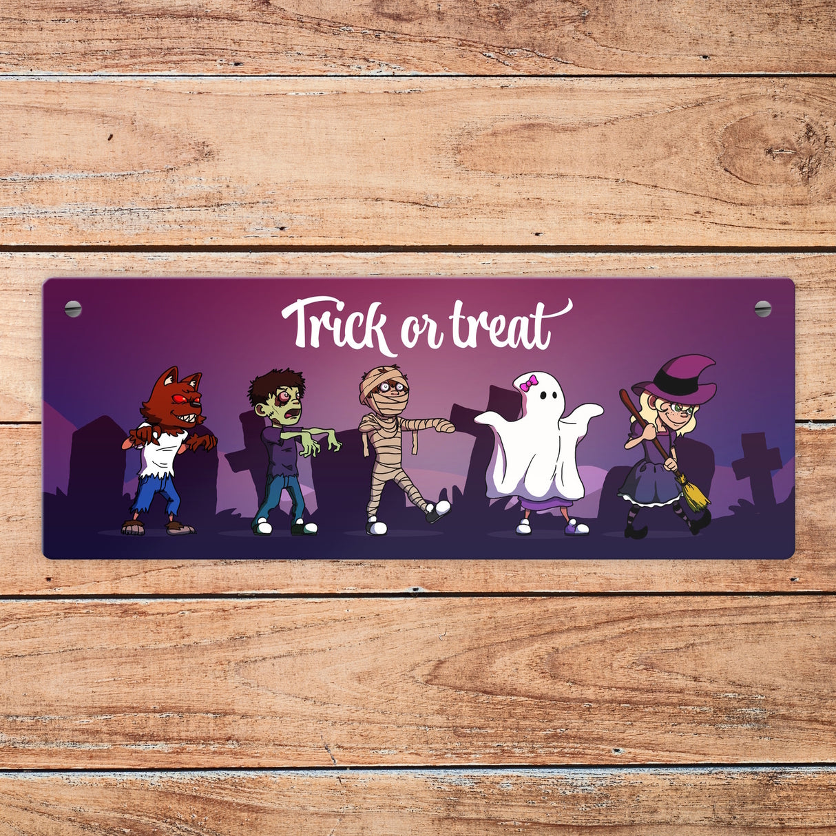 Metallschild mit Halloween-Motiv, Spruch und kleinen Monstern