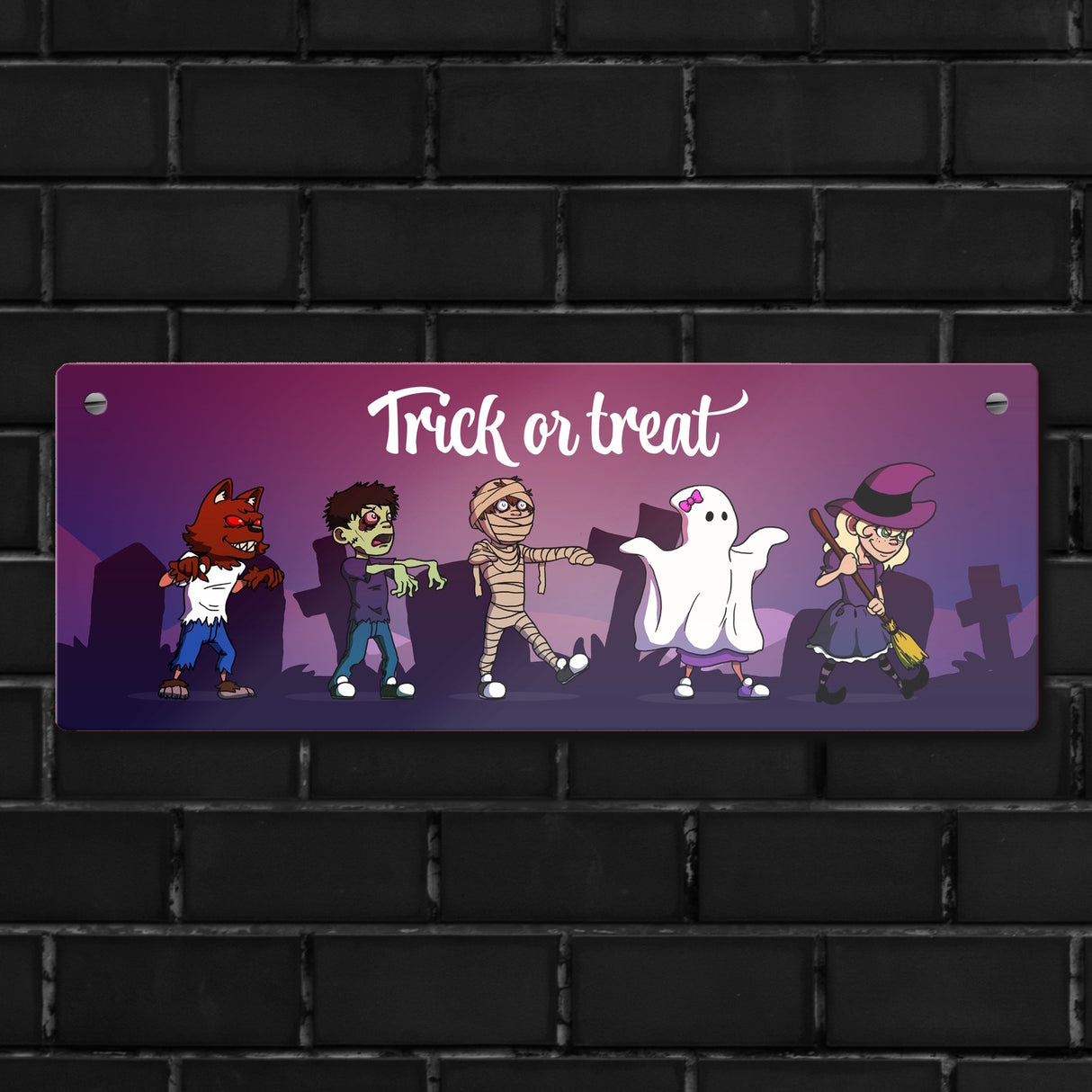 Metallschild mit Halloween-Motiv, Spruch und kleinen Monstern
