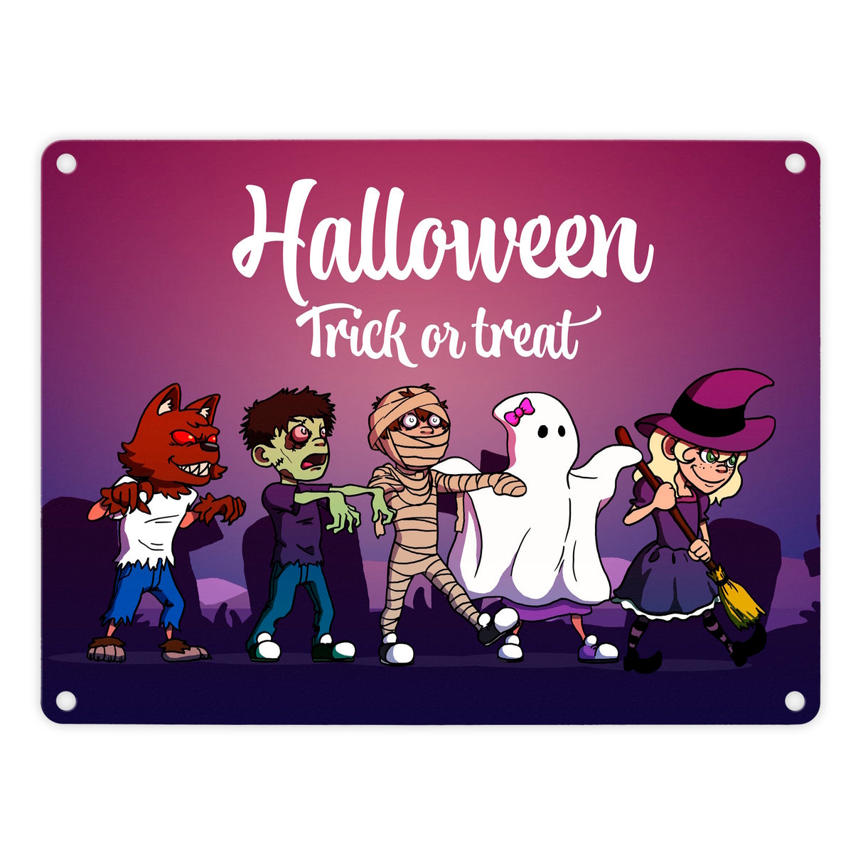 Metallschild mit Halloween-Motiv, Spruch und kleinen Monstern