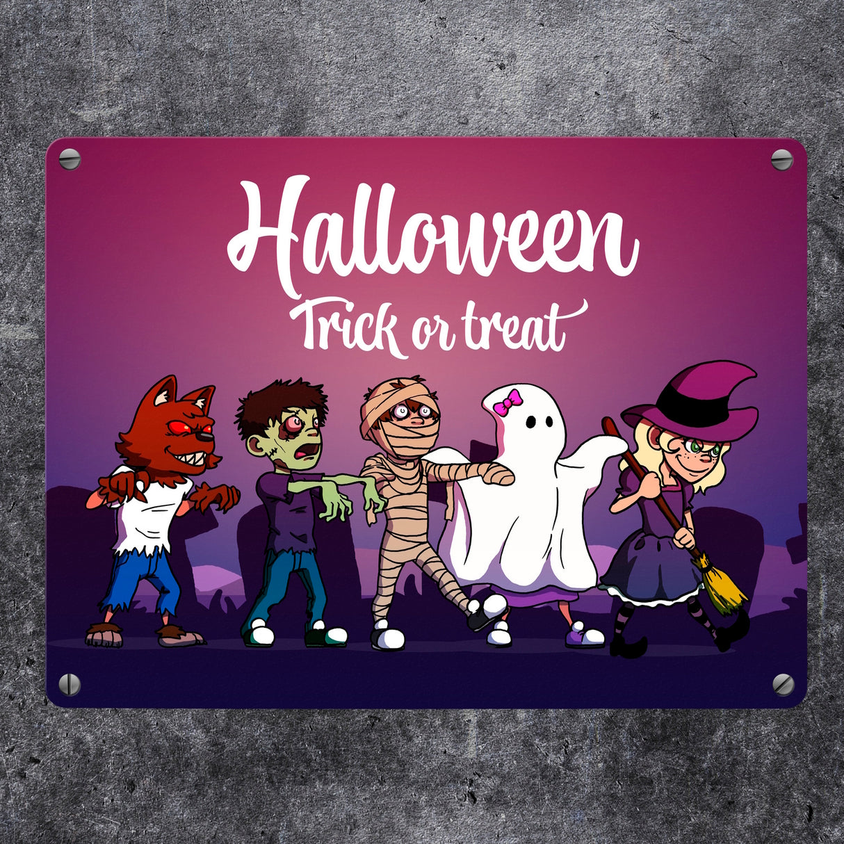 Metallschild mit Halloween-Motiv, Spruch und kleinen Monstern