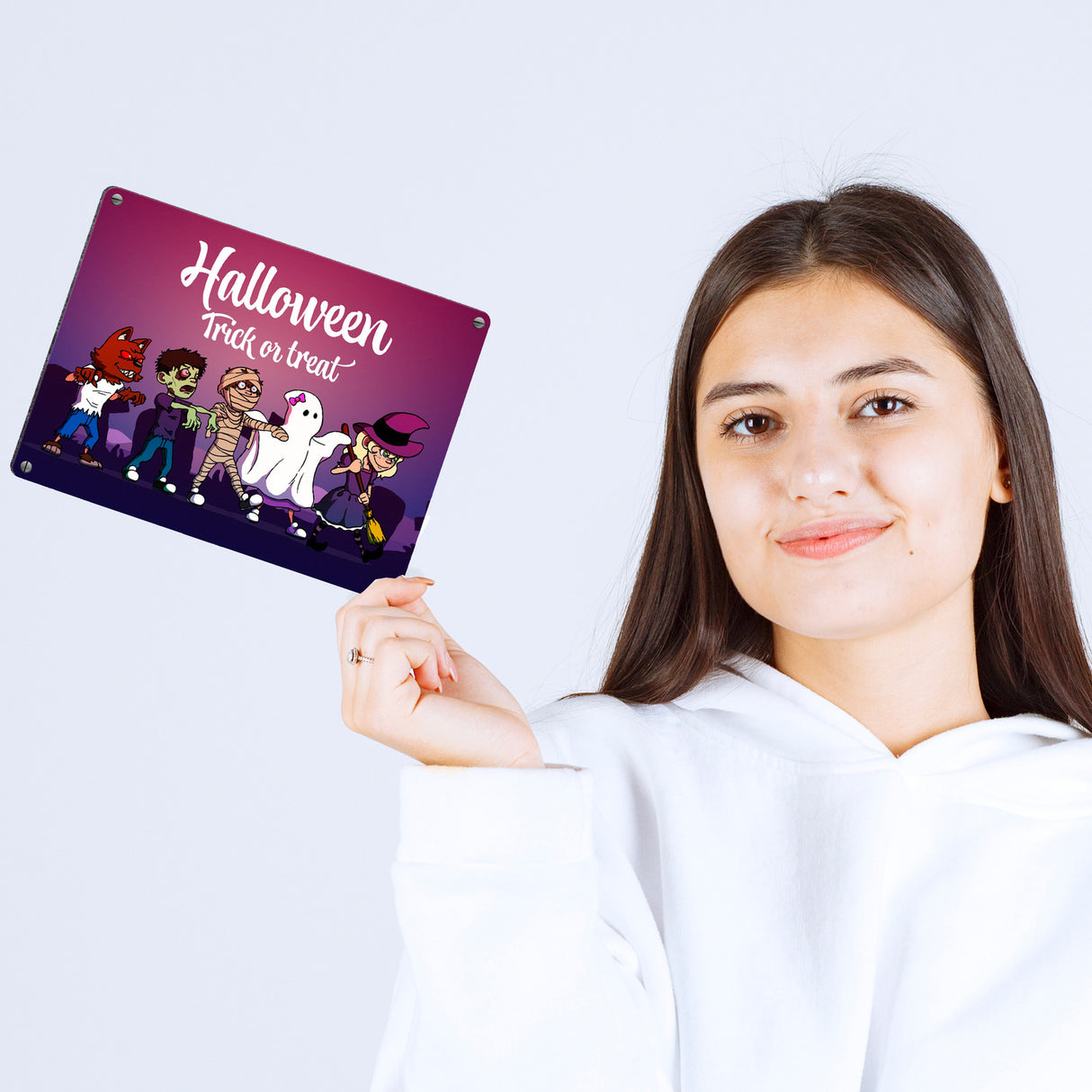 Metallschild mit Halloween-Motiv, Spruch und kleinen Monstern